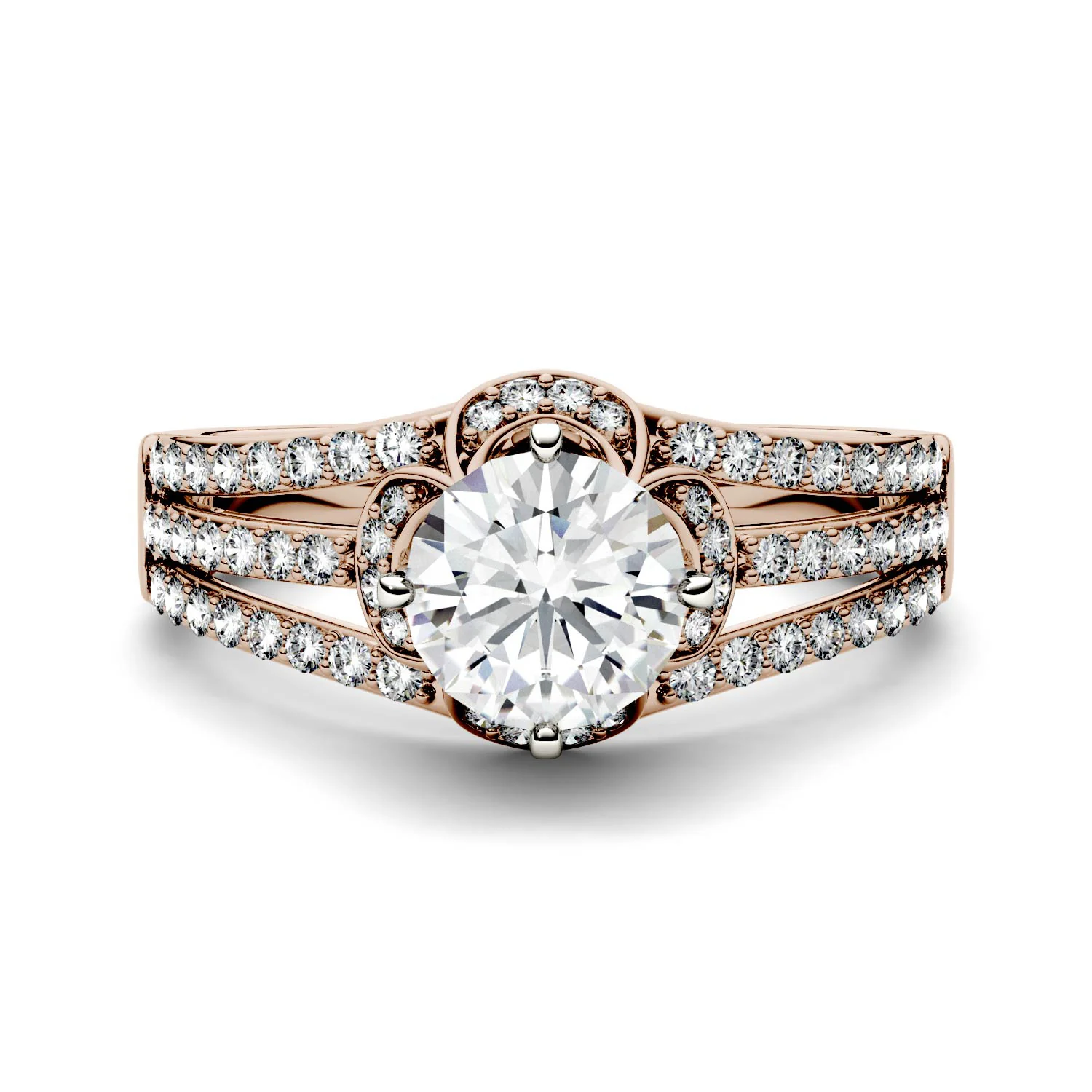 1.58 CTW DEW Round Moissanite Split Shank Floral Solitaire with Side Accents Engagement Ring in 14K Rose Gold - Image 4