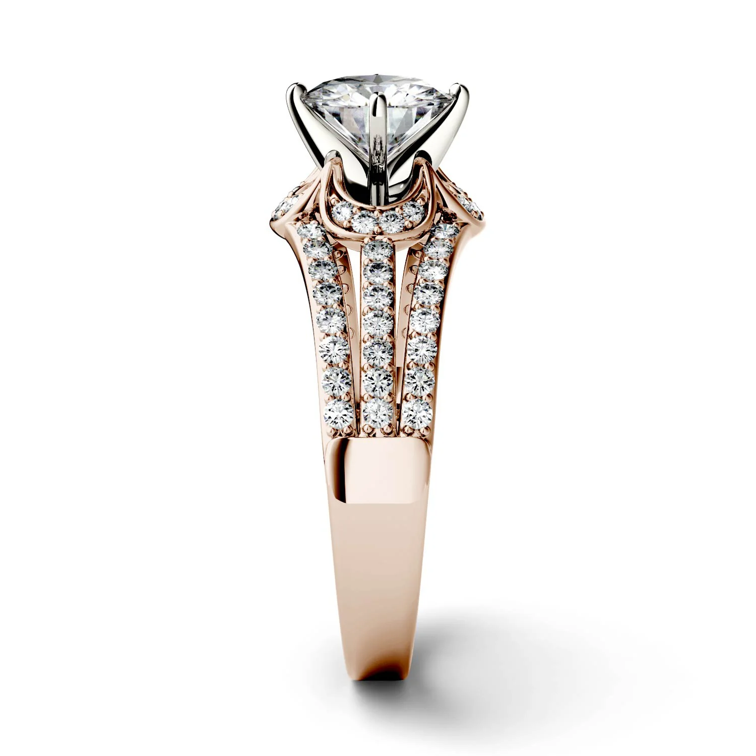 1.58 CTW DEW Round Moissanite Split Shank Floral Solitaire with Side Accents Engagement Ring in 14K Rose Gold - Image 5
