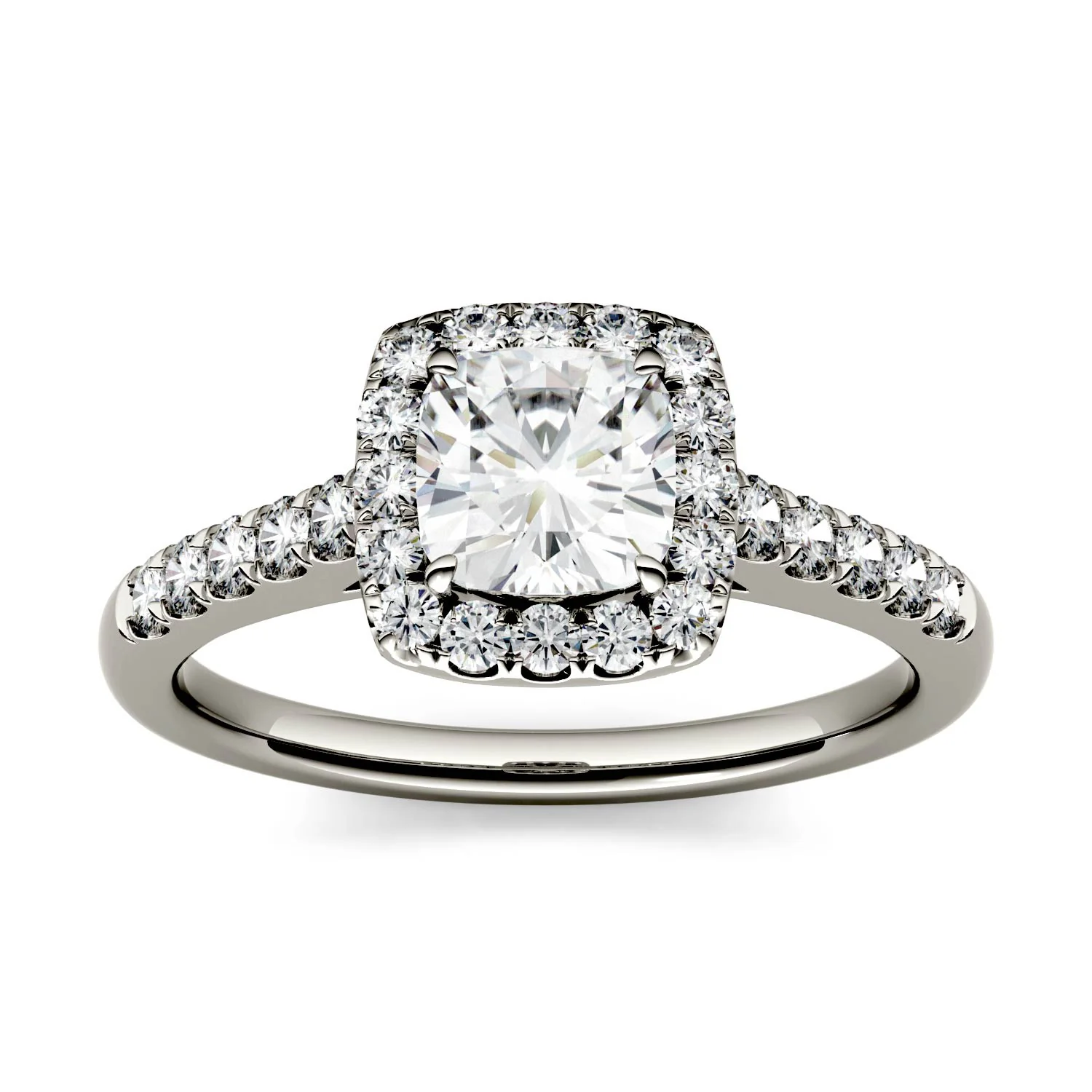 1.66 CTW DEW Cushion Moissanite Halo with Side Accents Engagement Ring in 14K White Gold