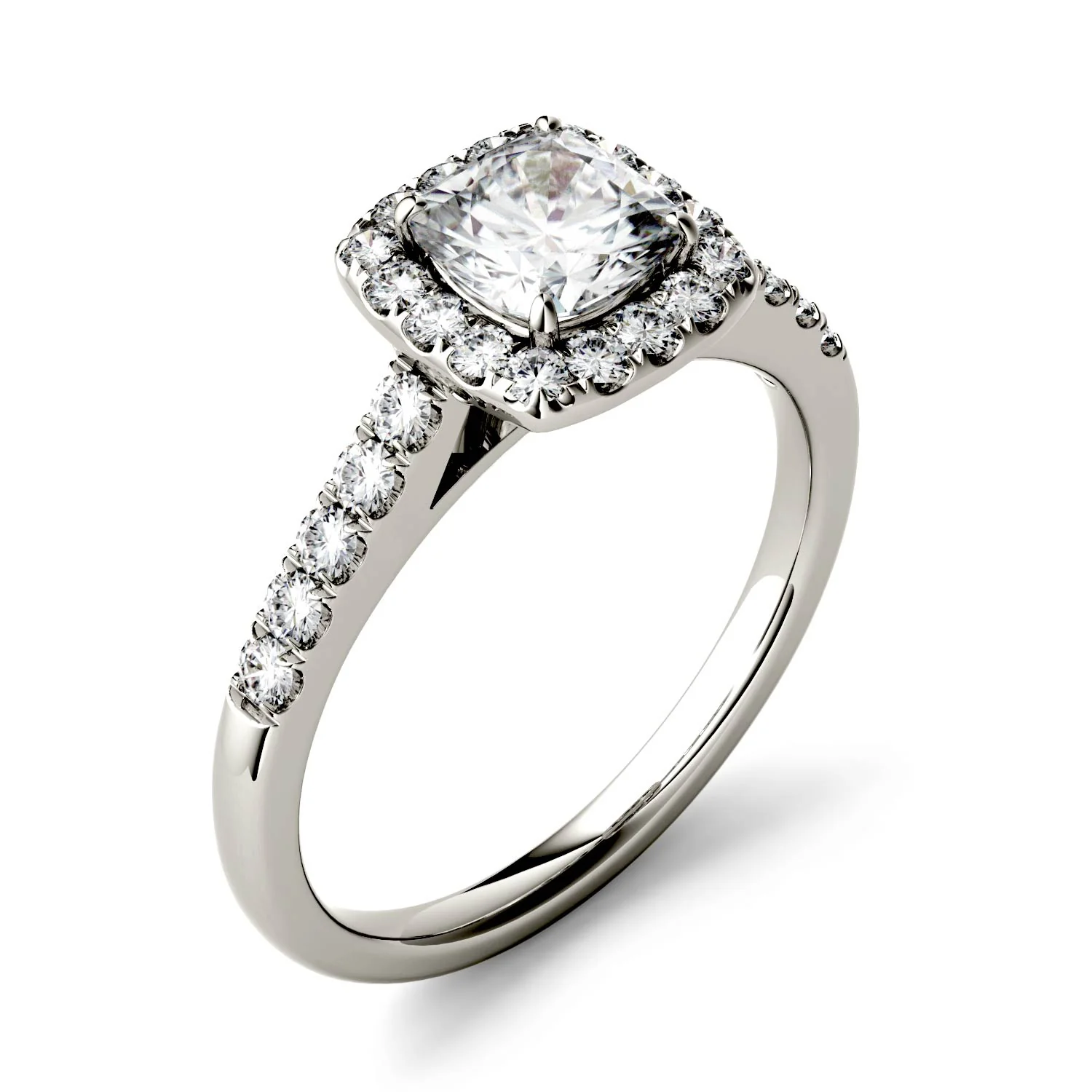 1.66 CTW DEW Cushion Moissanite Halo with Side Accents Engagement Ring in 14K White Gold - Image 2