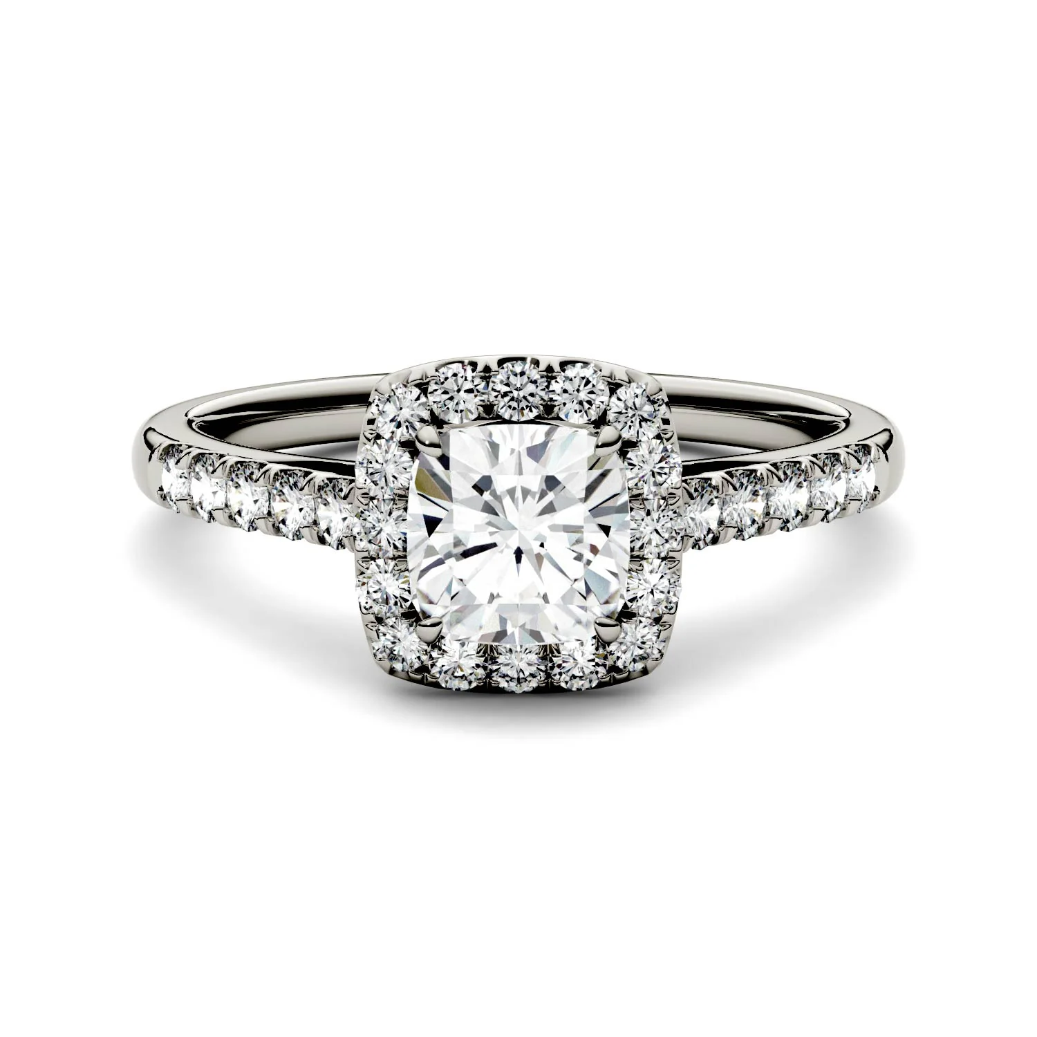 1.66 CTW DEW Cushion Moissanite Halo with Side Accents Engagement Ring in 14K White Gold - Image 4