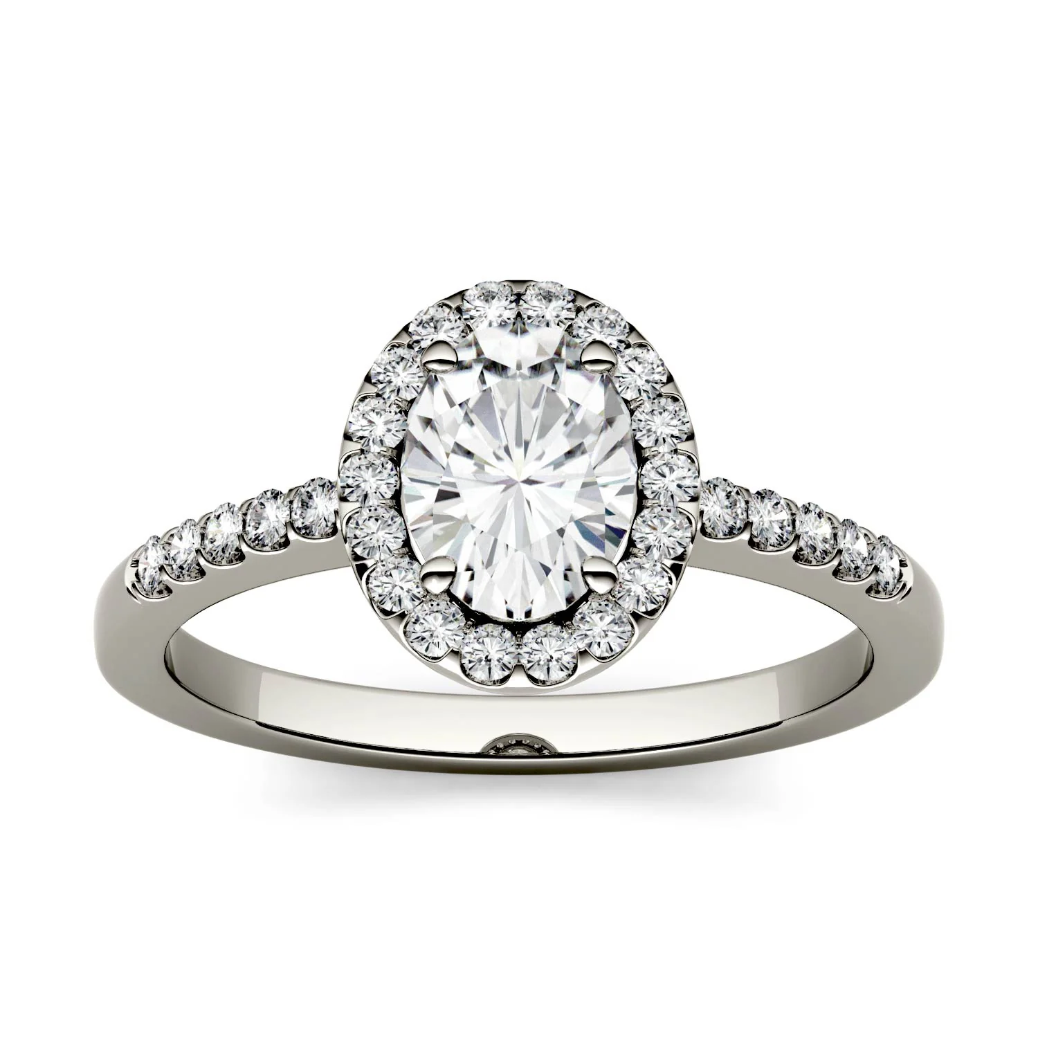 1.74 CTW DEW Oval Moissanite Halo with Side Accents Engagement Ring in 14K White Gold