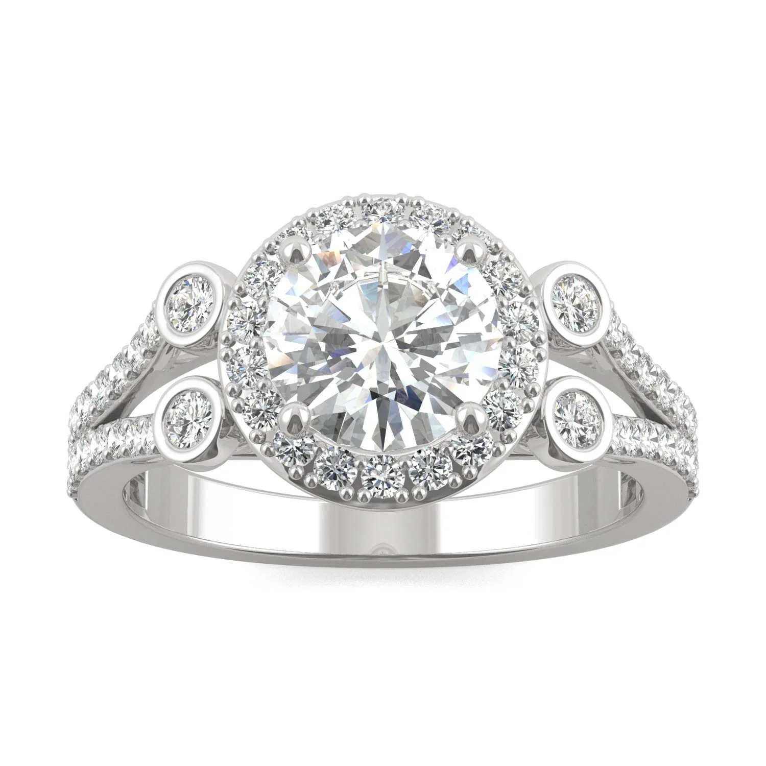 1.78 CTW DEW Round Moissanite Accented Halo Engagement Ring in 14K White Gold