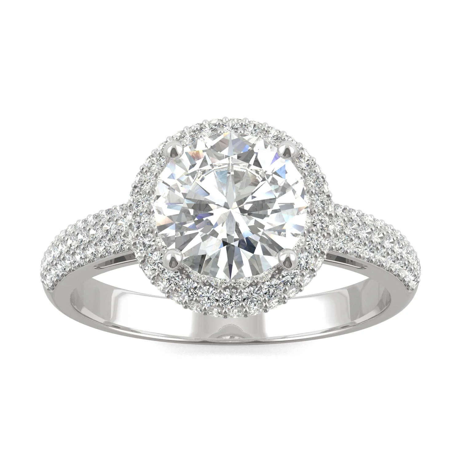 1.78 CTW DEW Round Moissanite Three Row Pavé Halo Engagement Ring in 14K White Gold