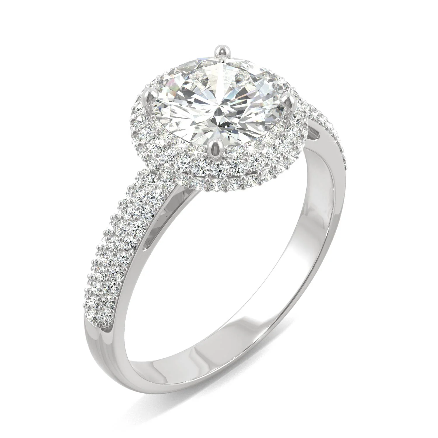 1.78 CTW DEW Round Moissanite Three Row Pavé Halo Engagement Ring in 14K White Gold - Image 2