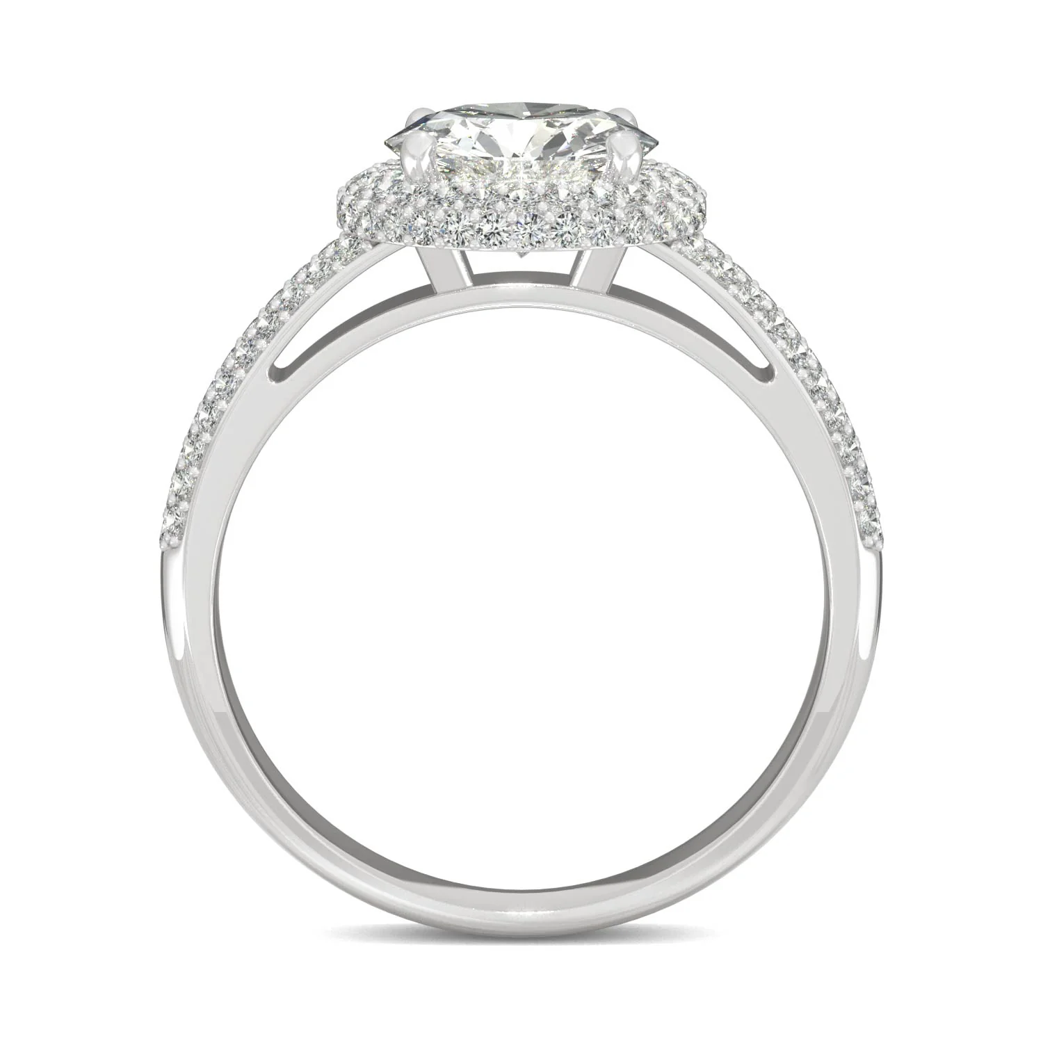 1.78 CTW DEW Round Moissanite Three Row Pavé Halo Engagement Ring in 14K White Gold - Image 3