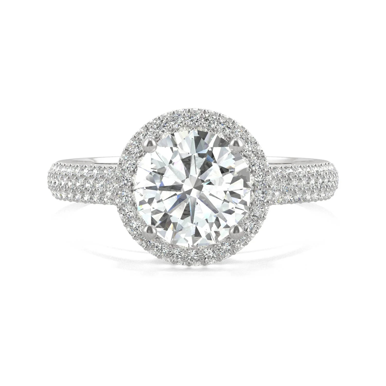 1.78 CTW DEW Round Moissanite Three Row Pavé Halo Engagement Ring in 14K White Gold - Image 4