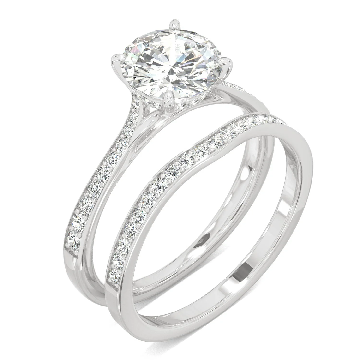 1.81 CTW DEW Round Moissanite Hidden Halo Accented Bridal Set in 14K White Gold - Image 2