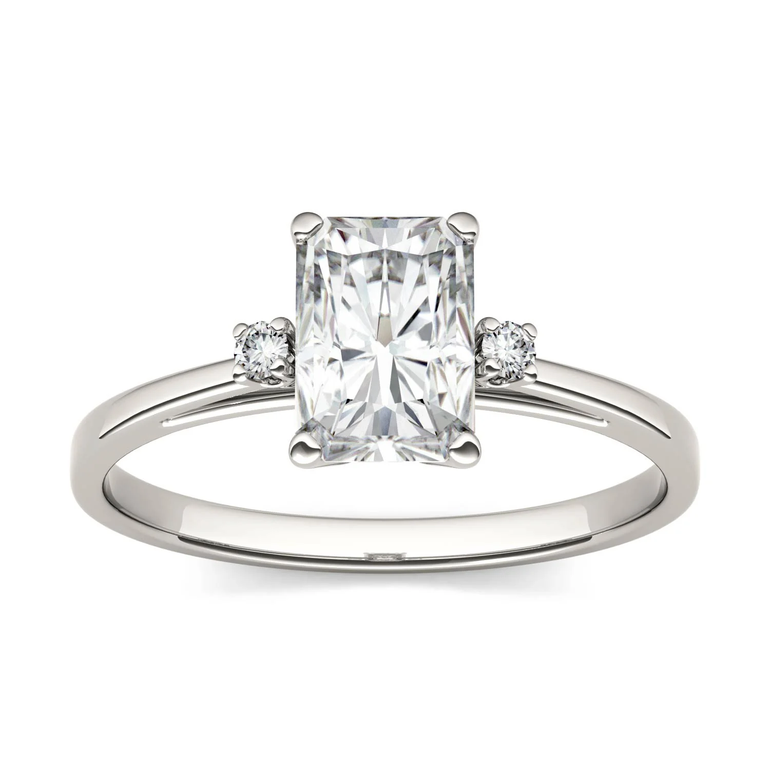 1.82 CTW DEW Radiant Forever One Moissanite Solitaire with Side Accents Engagement Ring in 14K White Gold,