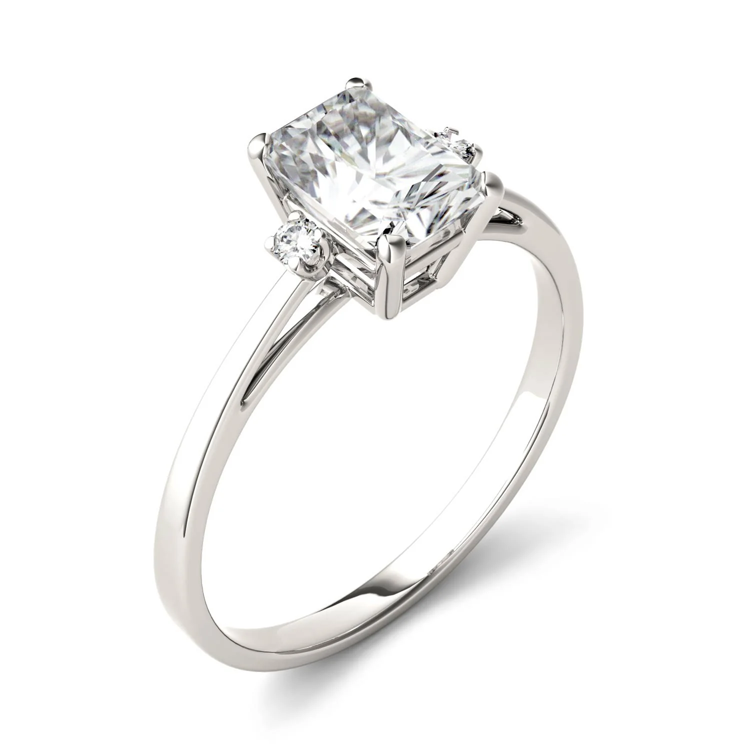 1.82 CTW DEW Radiant Forever One Moissanite Solitaire with Side Accents Engagement Ring in 14K White Gold, - Image 2