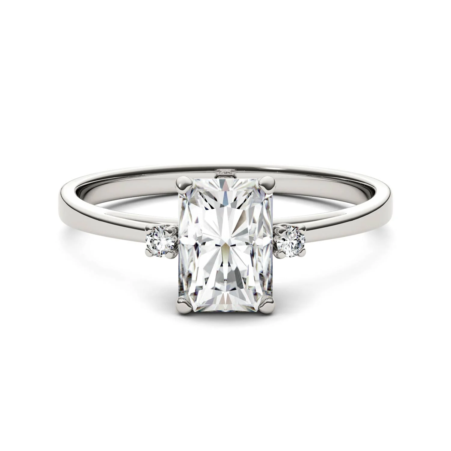 1.82 CTW DEW Radiant Forever One Moissanite Solitaire with Side Accents Engagement Ring in 14K White Gold, - Image 4