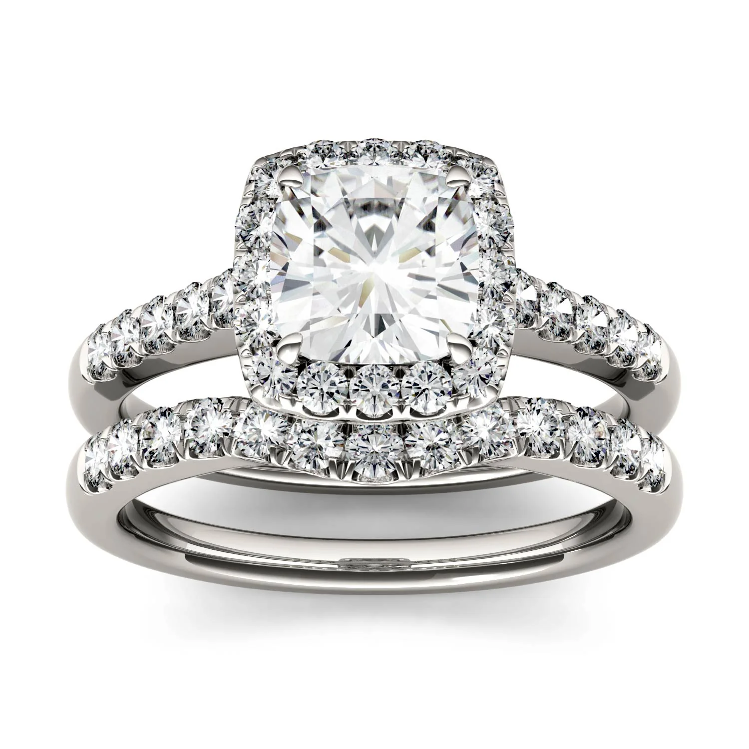 1.88 CTW DEW Cushion Moissanite Halo Bridal Set in 14K White Gold