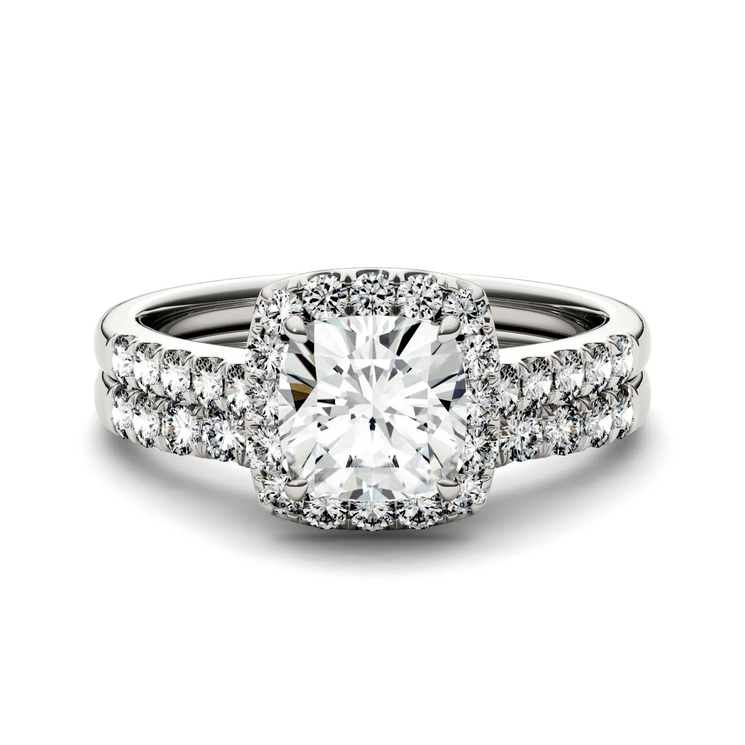 1.88 CTW DEW Cushion Moissanite Halo Bridal Set in 14K White Gold - Image 4