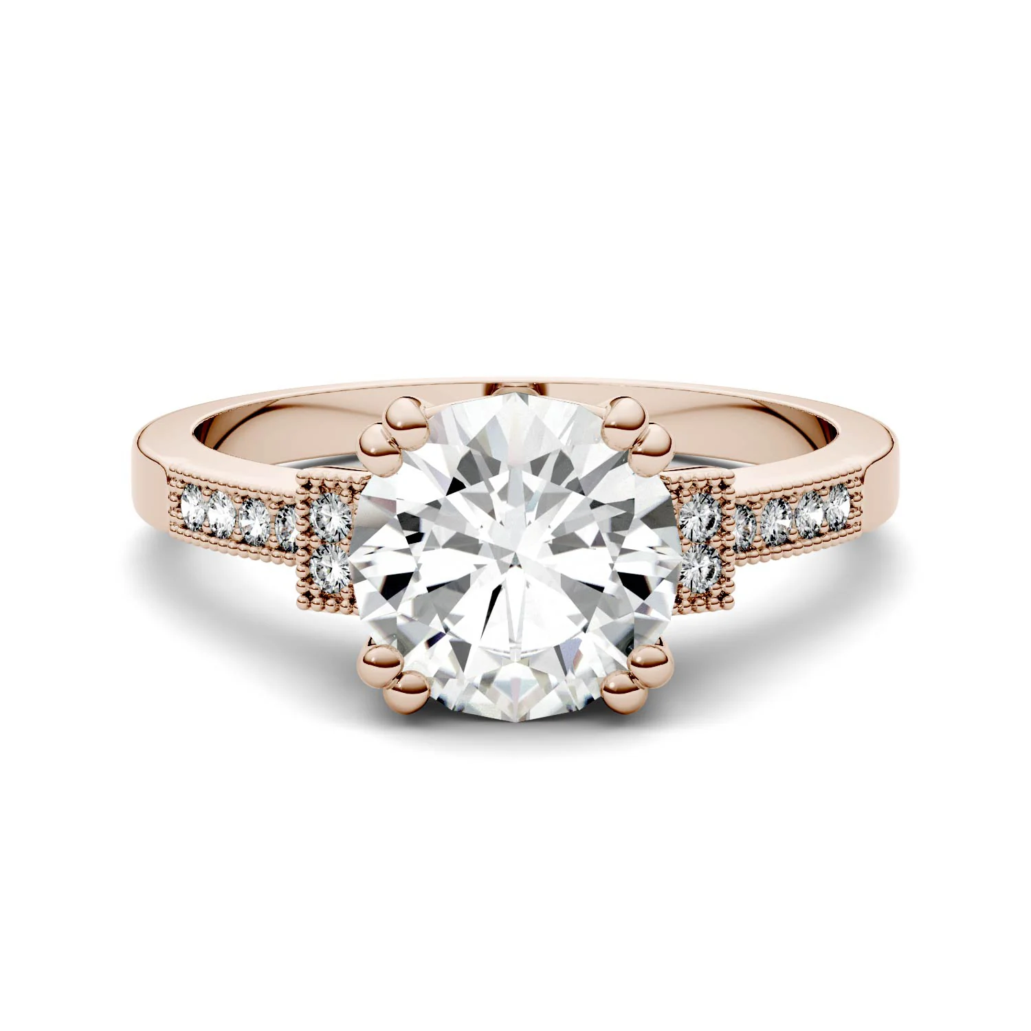 1.96 CTW DEW Round Moissanite Milgrain Accented Engagement Ring in 14K Rose Gold - Image 4