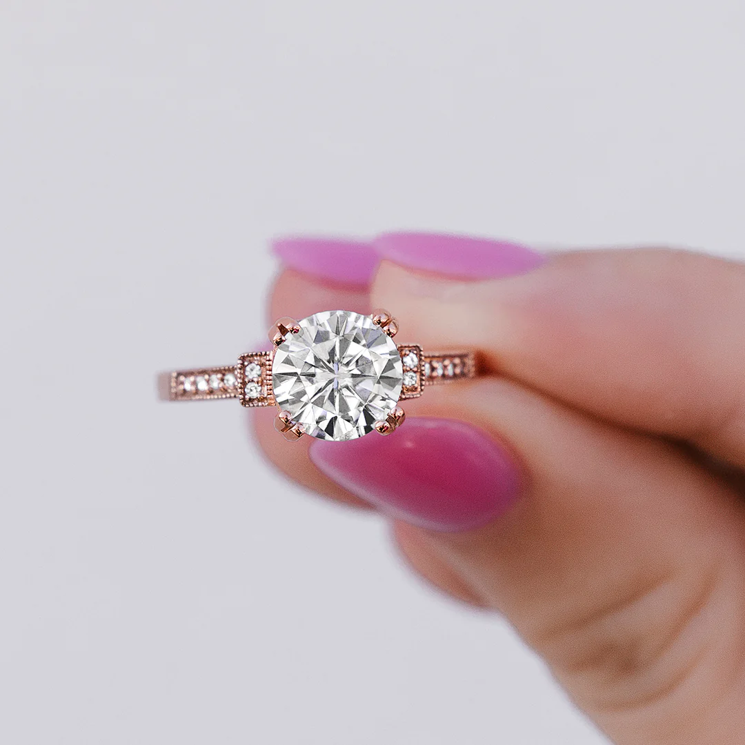 1.96 CTW DEW Round Moissanite Milgrain Accented Engagement Ring in 14K Rose Gold - Image 6