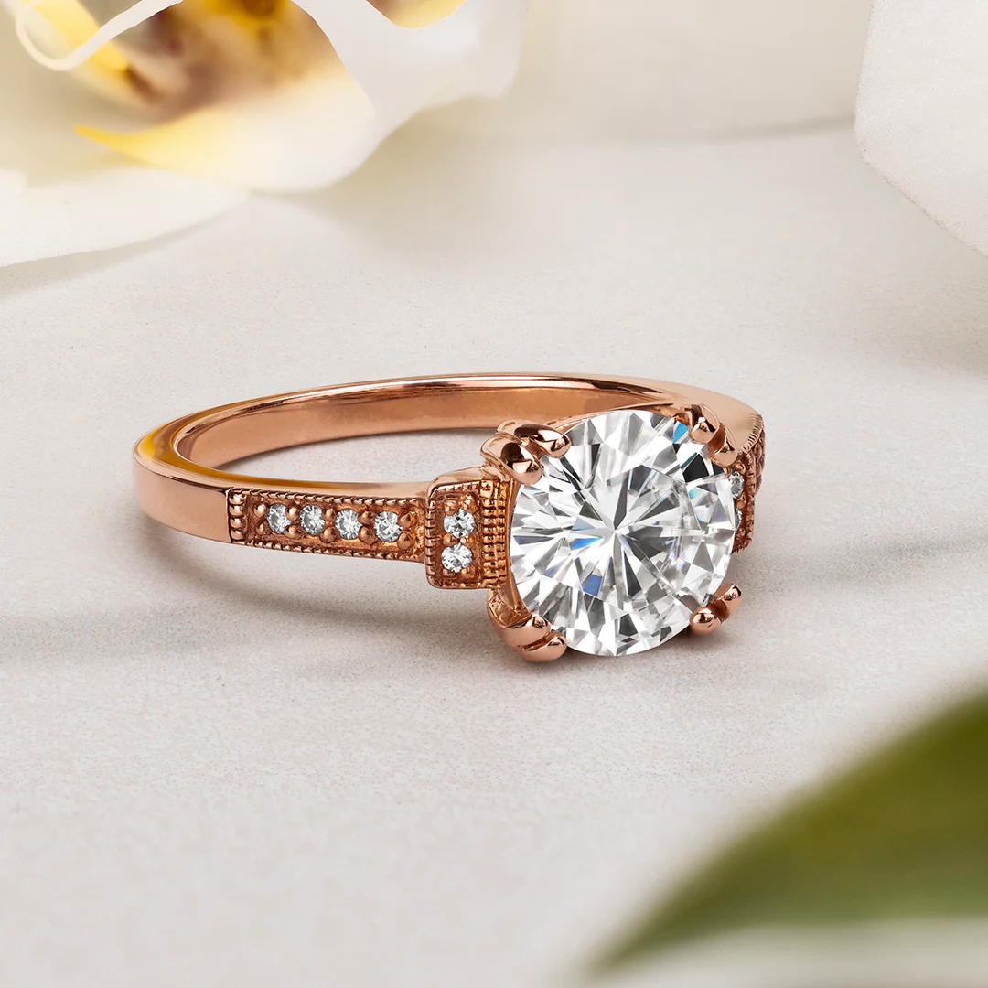 1.96 CTW DEW Round Moissanite Milgrain Accented Engagement Ring in 14K Rose Gold - Image 7