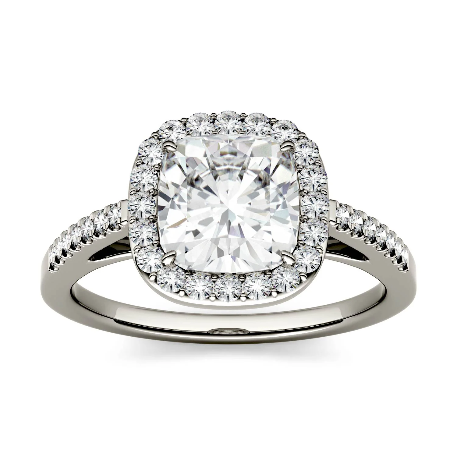 1.97 CTW DEW Cushion Moissanite Halo with Side Accents Engagement Ring in 14K White Gold