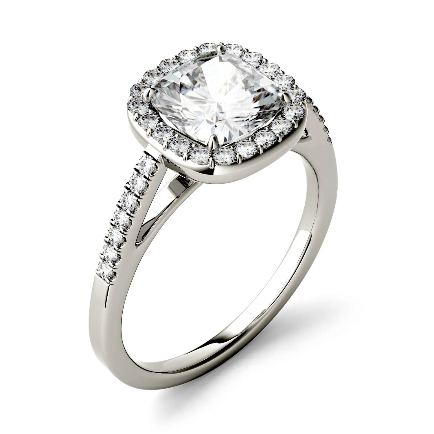 1.97 CTW DEW Cushion Moissanite Halo with Side Accents Engagement Ring in 14K White Gold - Image 2