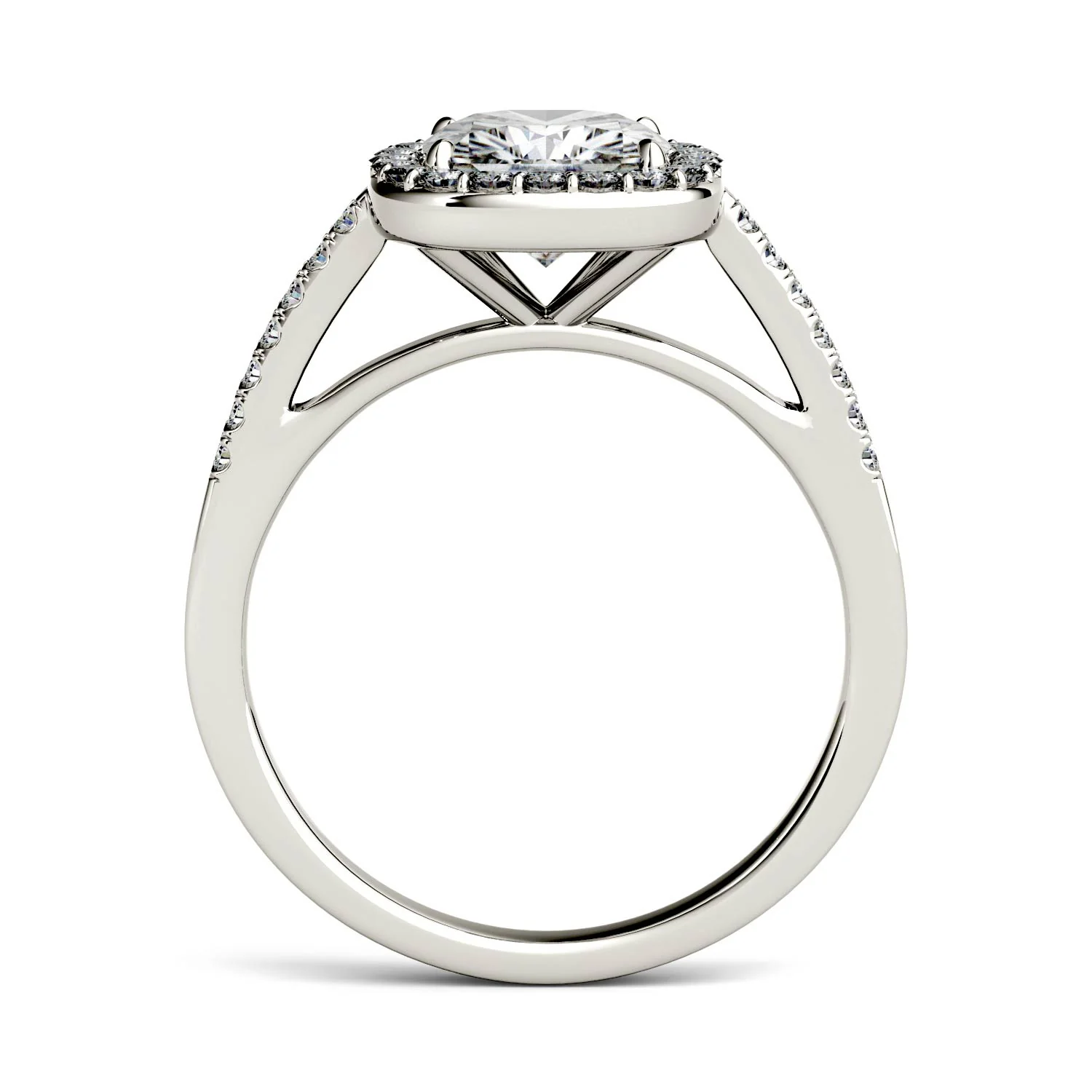 1.97 CTW DEW Cushion Moissanite Halo with Side Accents Engagement Ring in 14K White Gold - Image 3