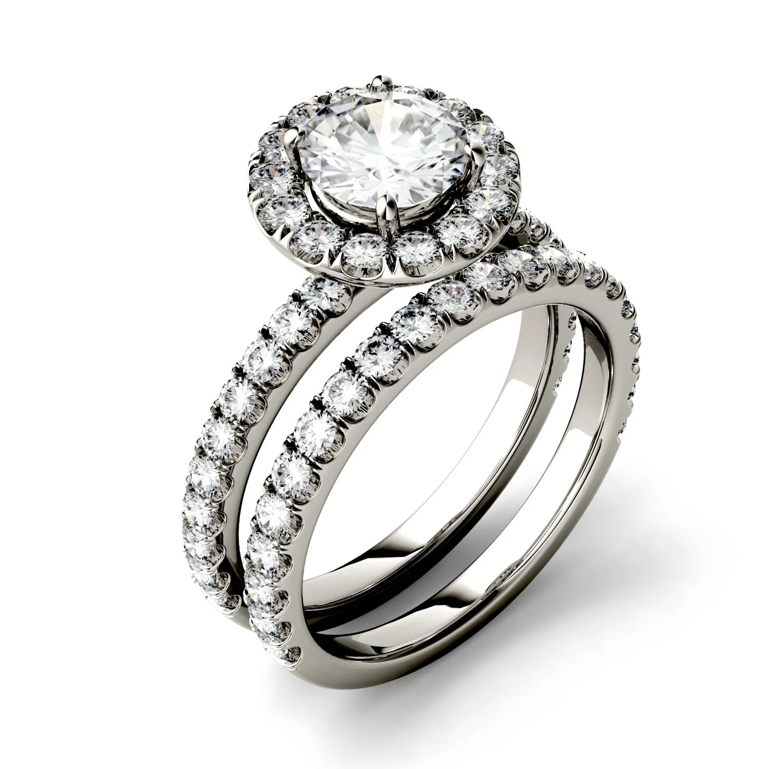 2.02 CTW DEW Round Moissanite Halo with Side Accents Bridal Set in 14K White Gold - Image 2