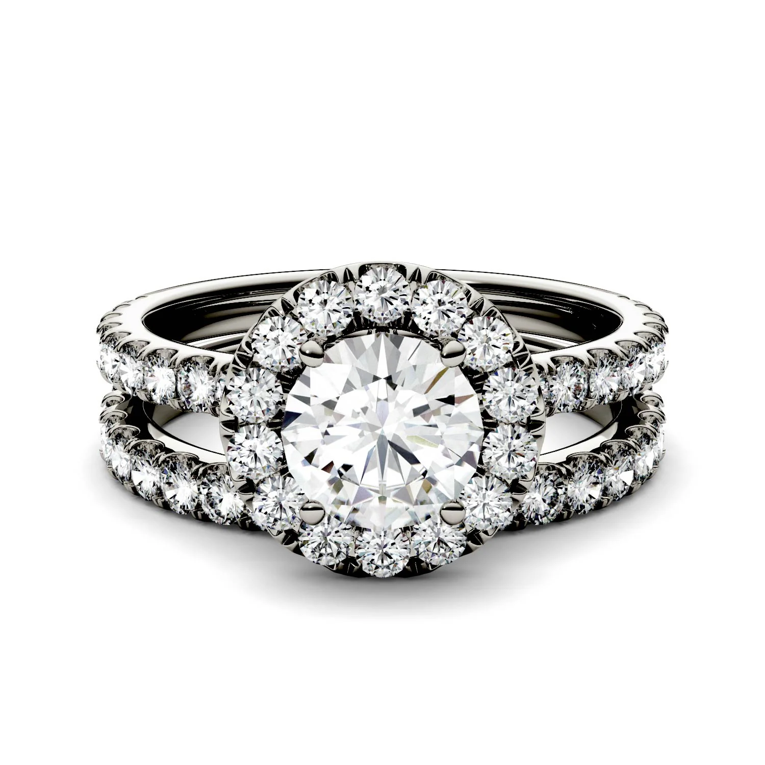 2.02 CTW DEW Round Moissanite Halo with Side Accents Bridal Set in 14K White Gold - Image 4