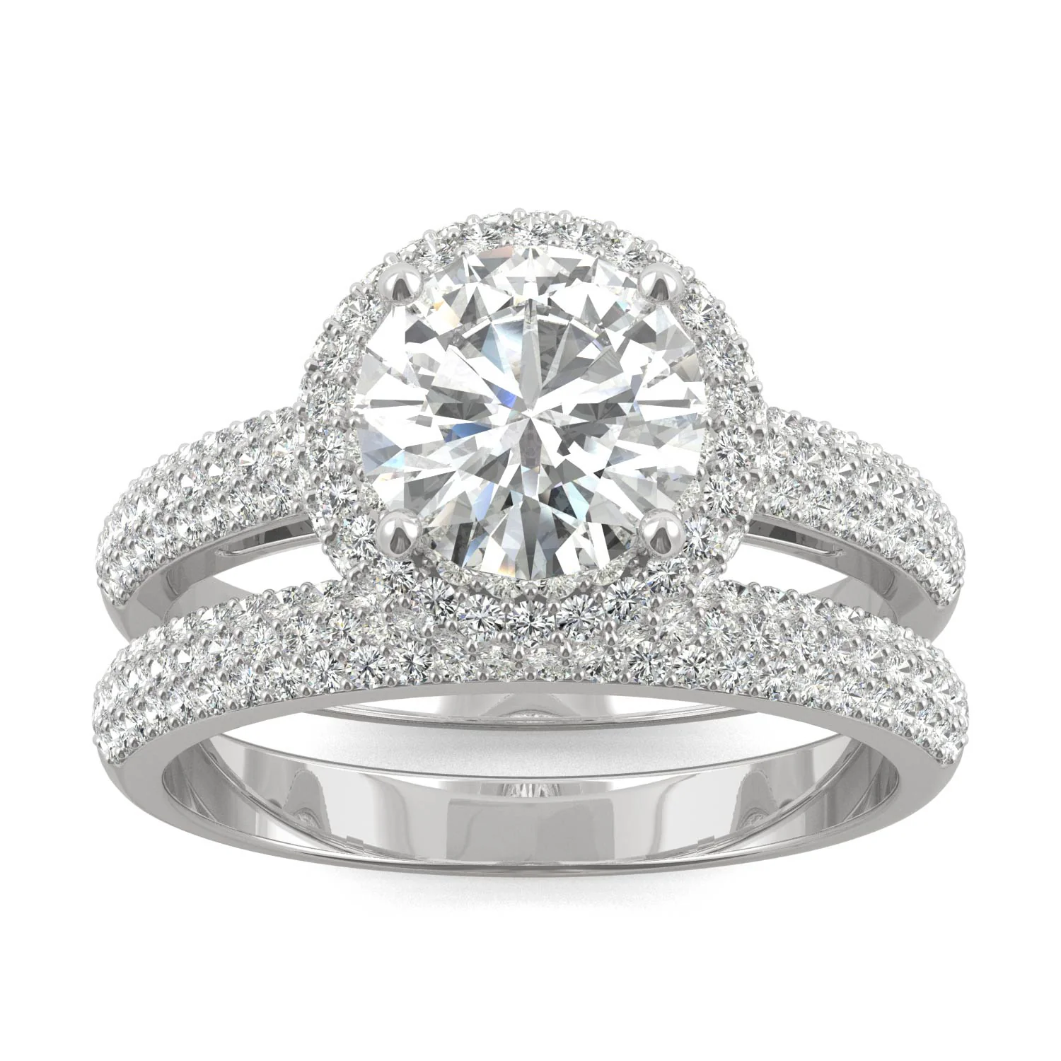 2.11 CTW DEW 14K White Gold Round Moissanite Pave Halo Bridal Set