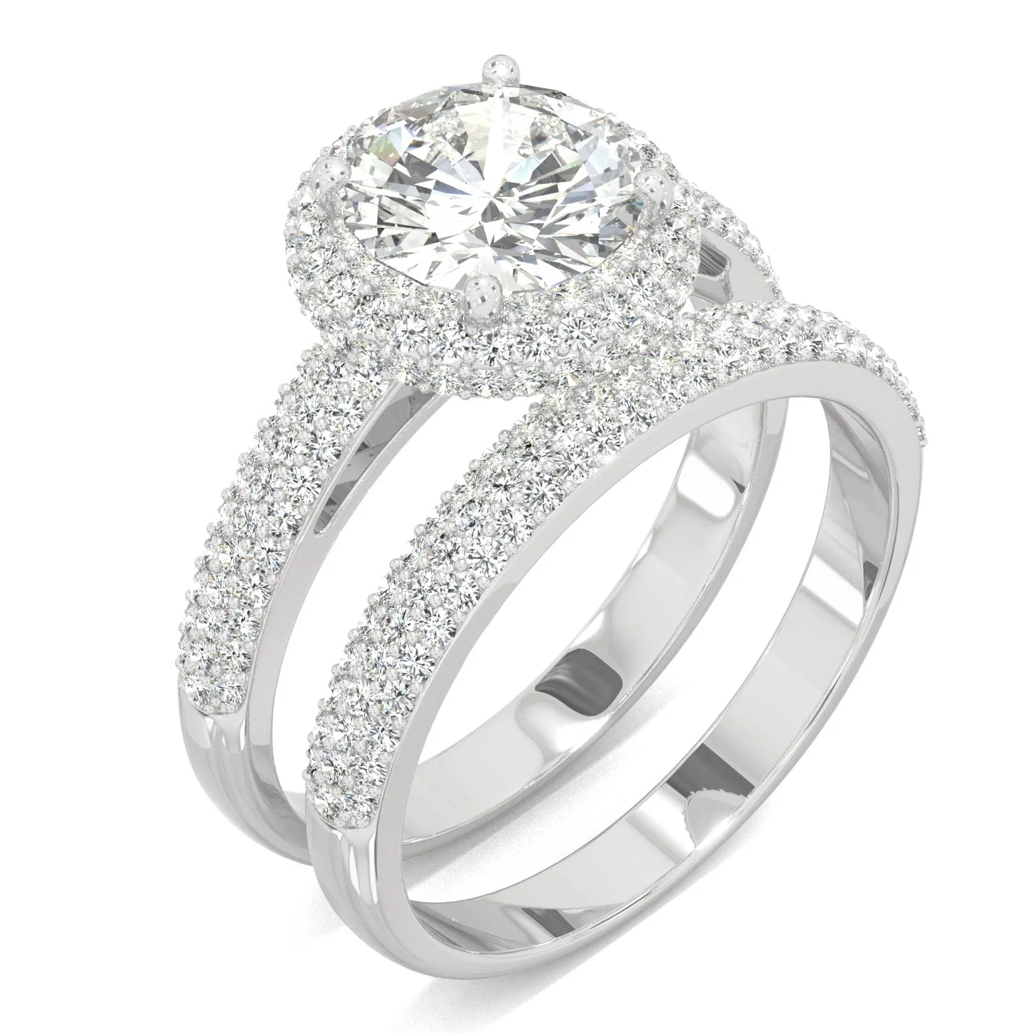 2.11 CTW DEW 14K White Gold Round Moissanite Pave Halo Bridal Set - Image 2