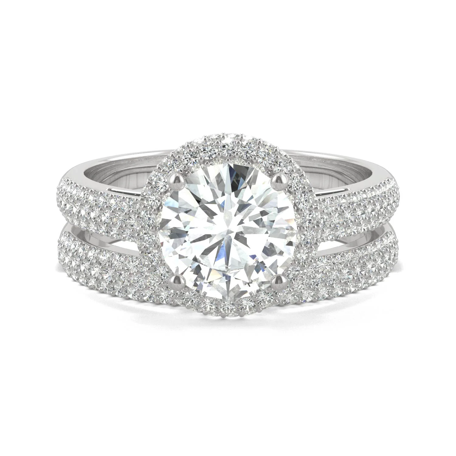 2.11 CTW DEW 14K White Gold Round Moissanite Pave Halo Bridal Set - Image 4