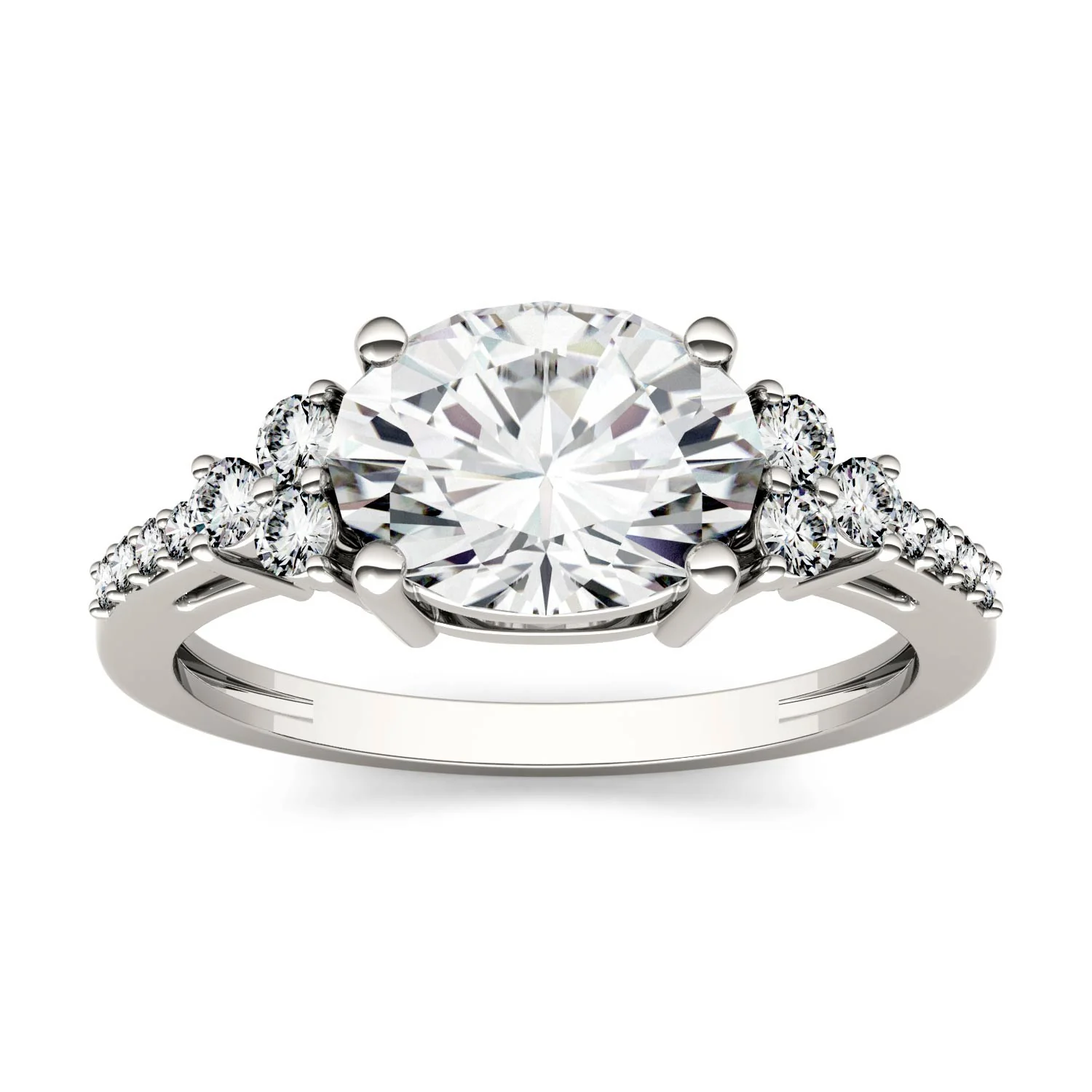2.30 CTW DEW Oval Moissanite East-West with Side Accents Engagement Ring in 14K White Gold