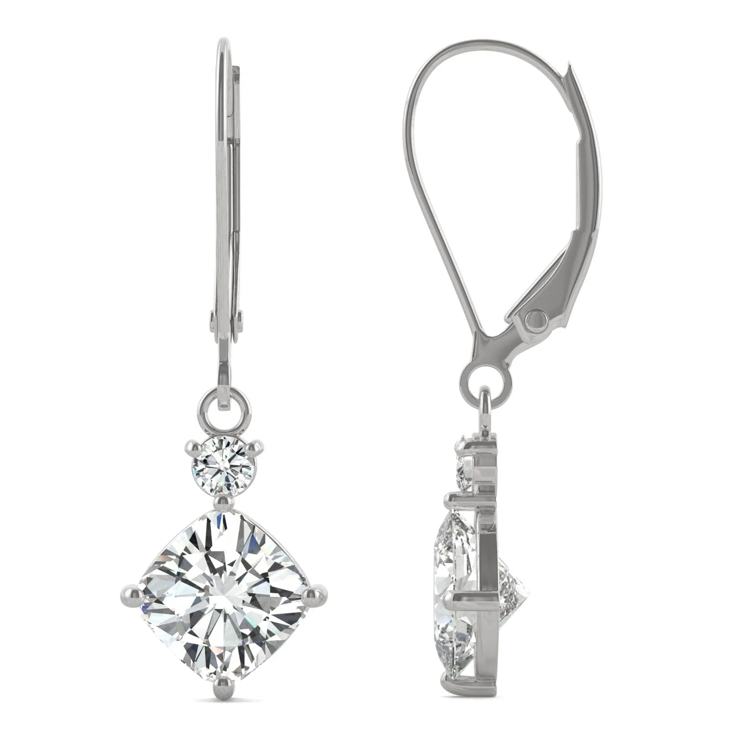 2.32 CTW DEW Cushion Moissanite Drop Leverback Earrings in 14K White Gold