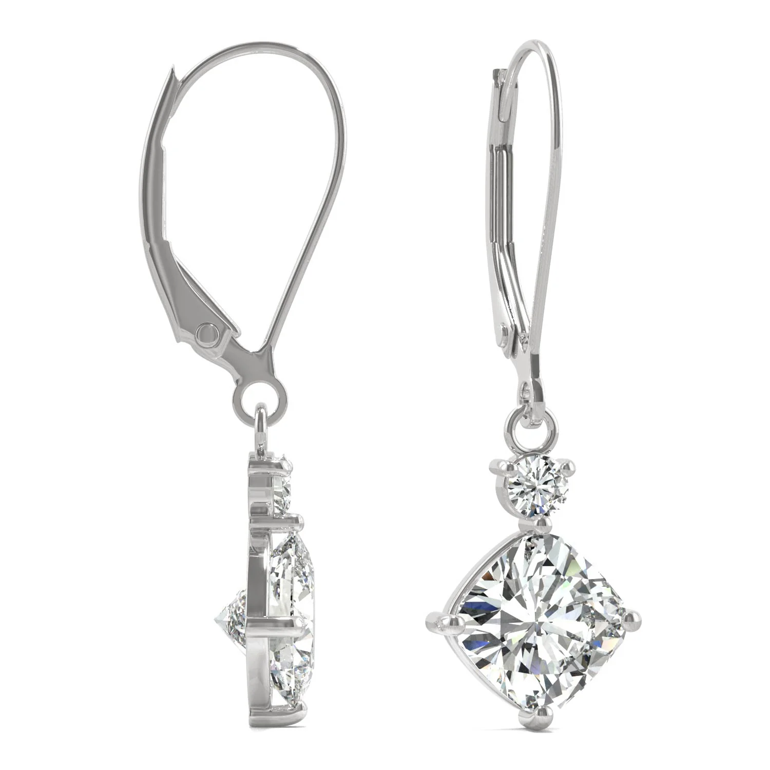 2.32 CTW DEW Cushion Moissanite Drop Leverback Earrings in 14K White Gold - Image 2