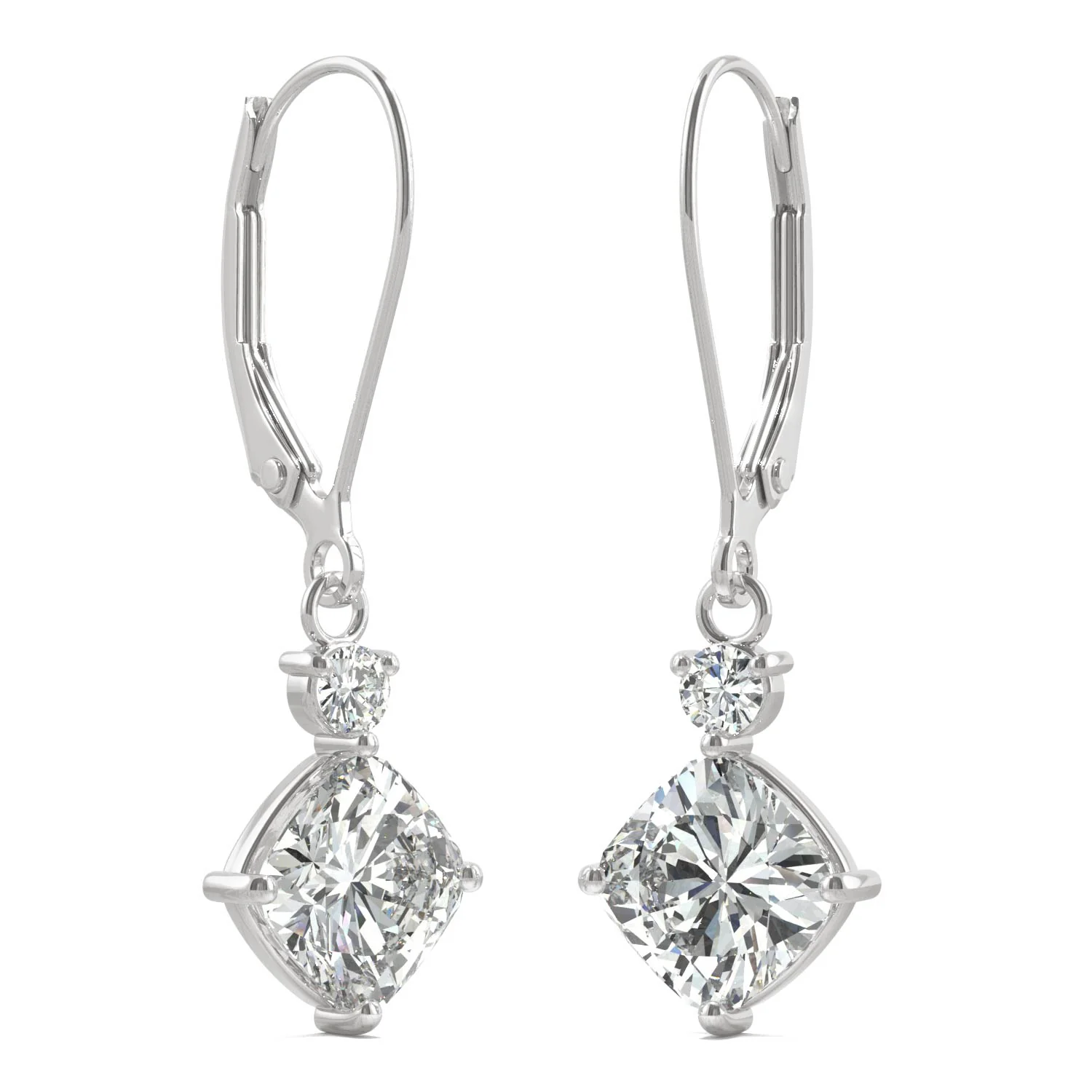 2.32 CTW DEW Cushion Moissanite Drop Leverback Earrings in 14K White Gold - Image 4