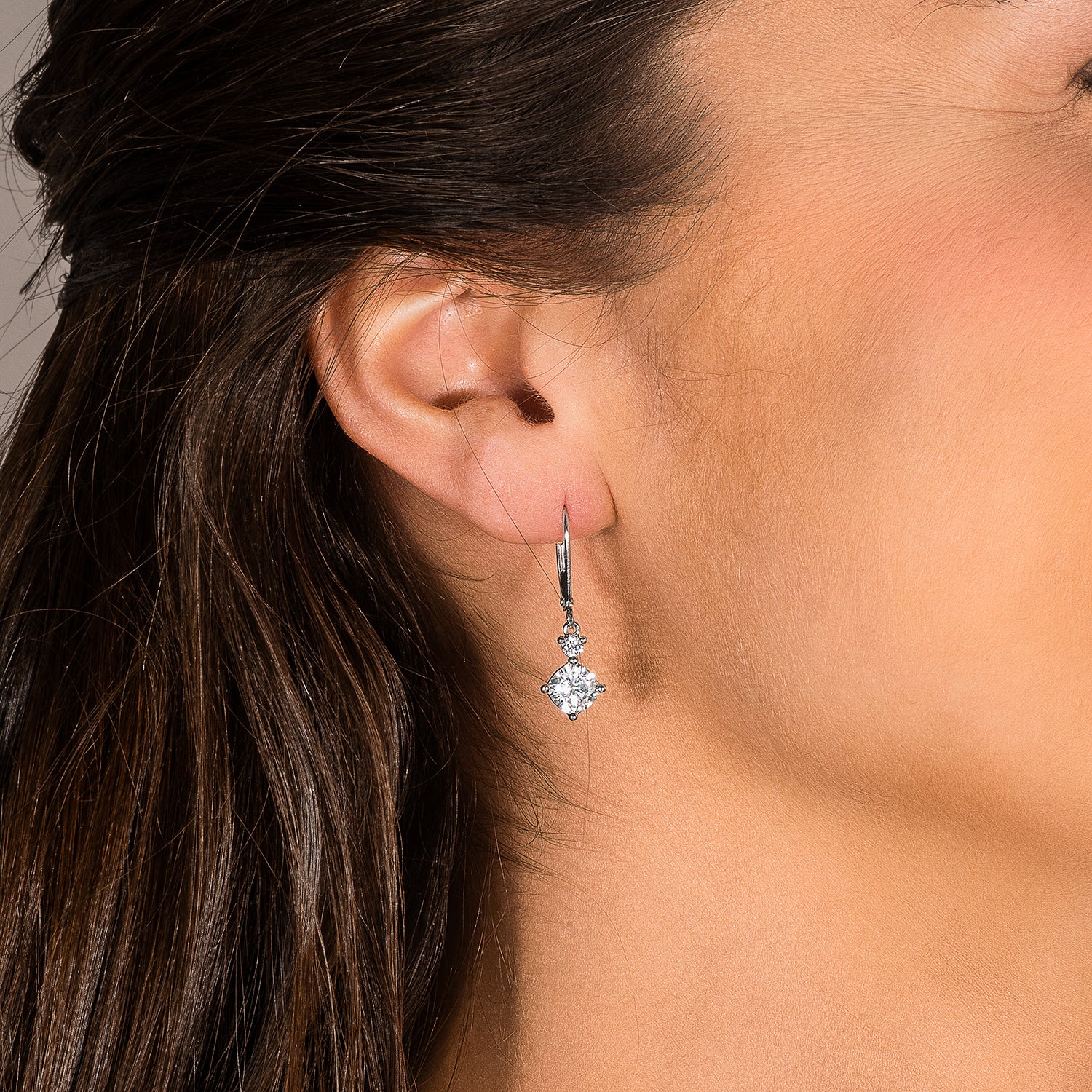 2.32 CTW DEW Cushion Moissanite Drop Leverback Earrings in 14K White Gold - Image 6