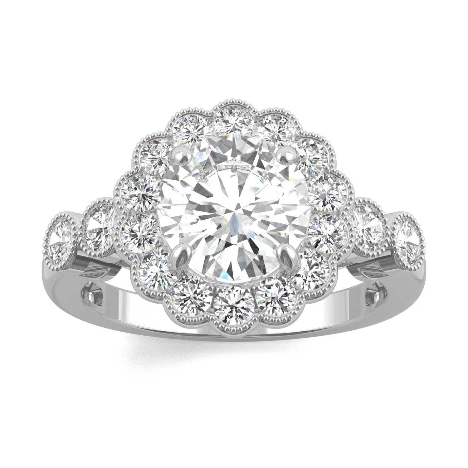 2.56 CTW DEW Round Moissanite Milgrain Accented Halo Engagement Ring in 14K White Gold