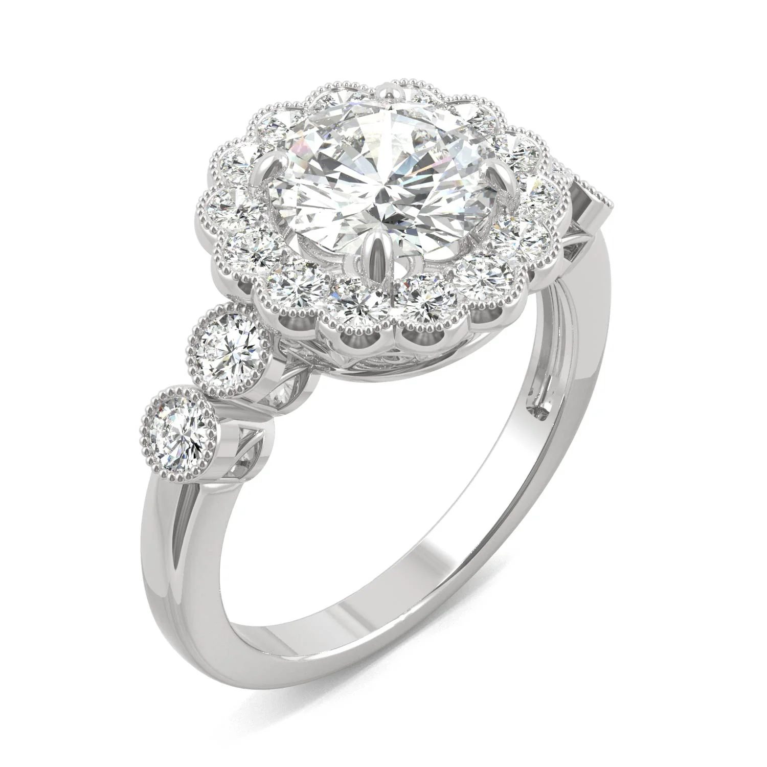 2.56 CTW DEW Round Moissanite Milgrain Accented Halo Engagement Ring in 14K White Gold - Image 2