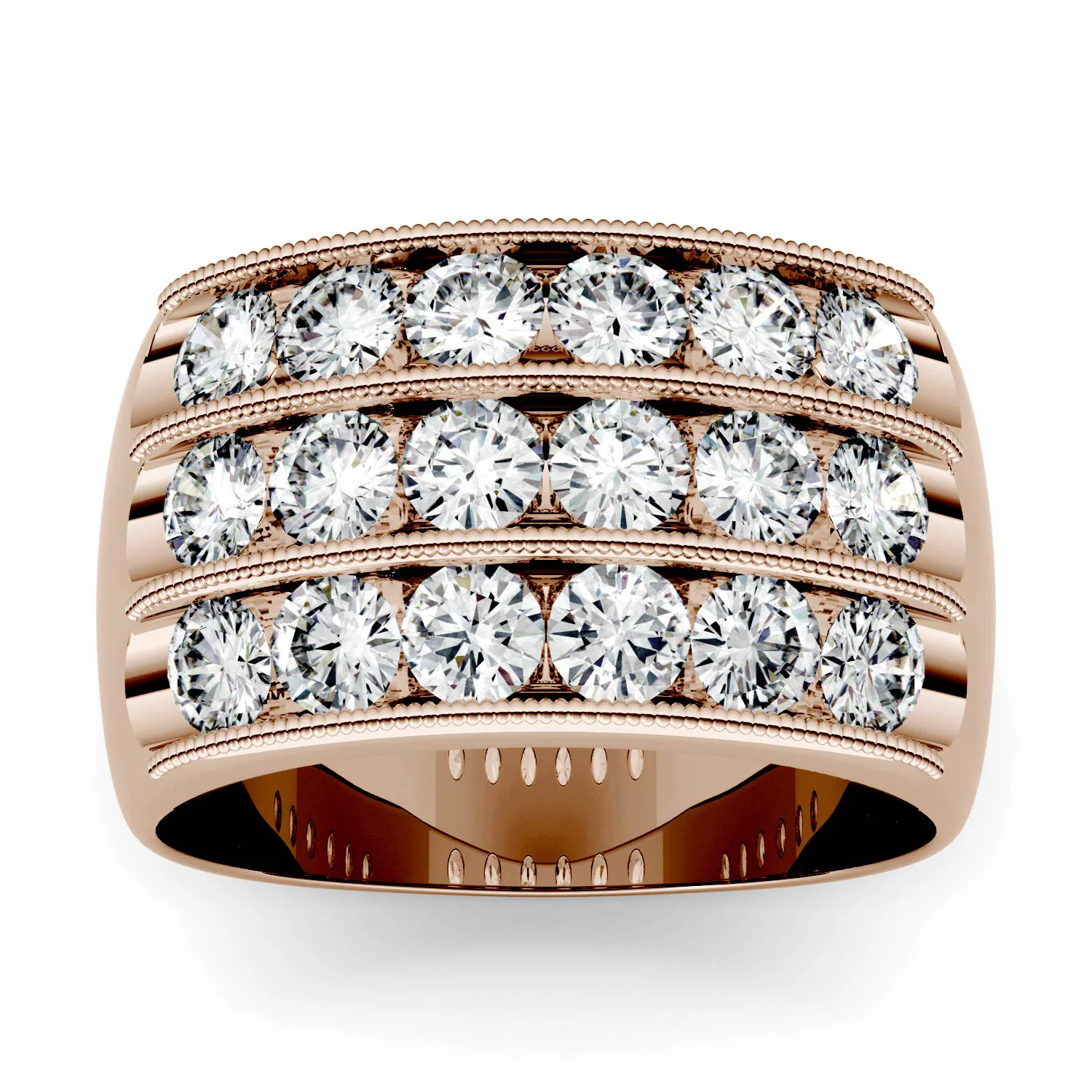 2.88 CTW DEW Round Moissanite Three Row Statement Ring in 14K Rose Gold