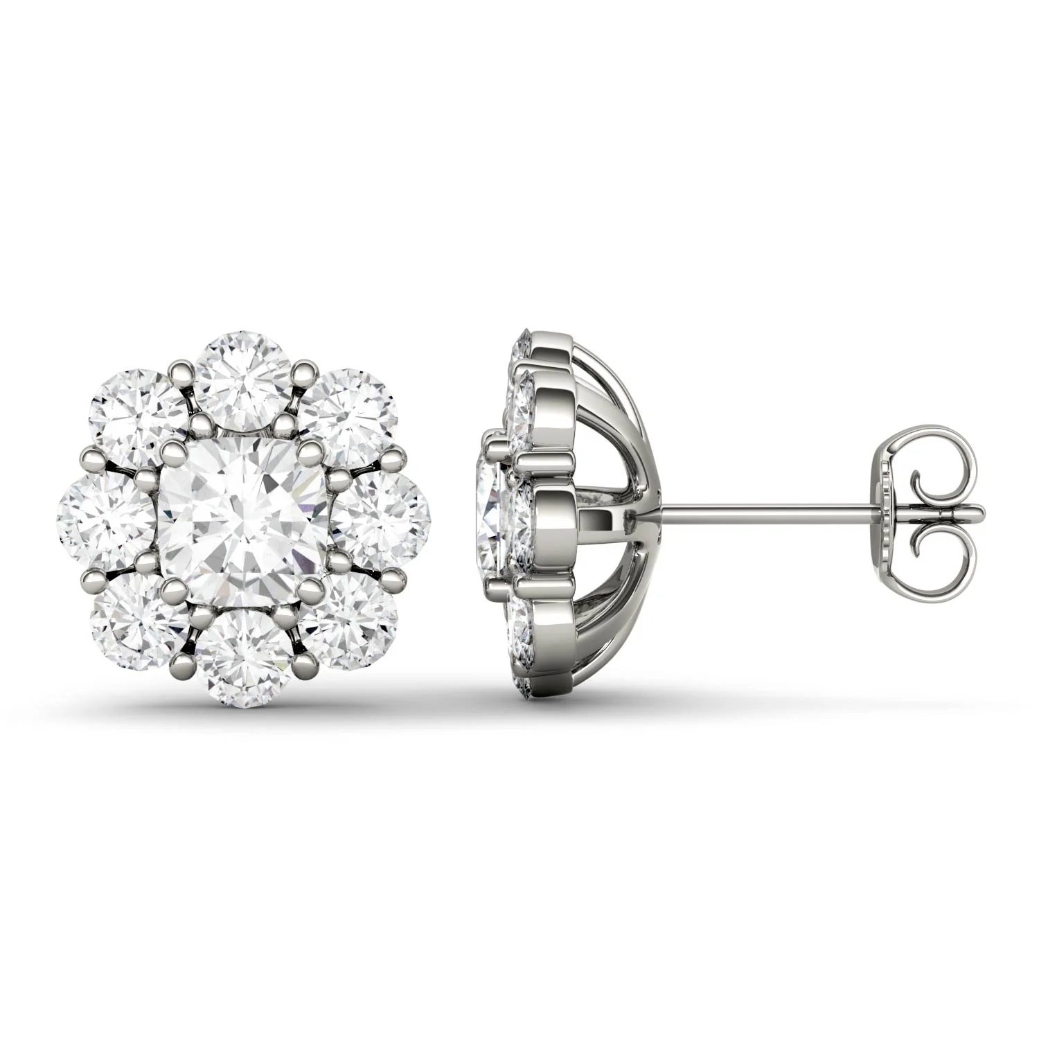 3.20 CTW DEW Cushion Halo Floral Stud in 14K White Gold