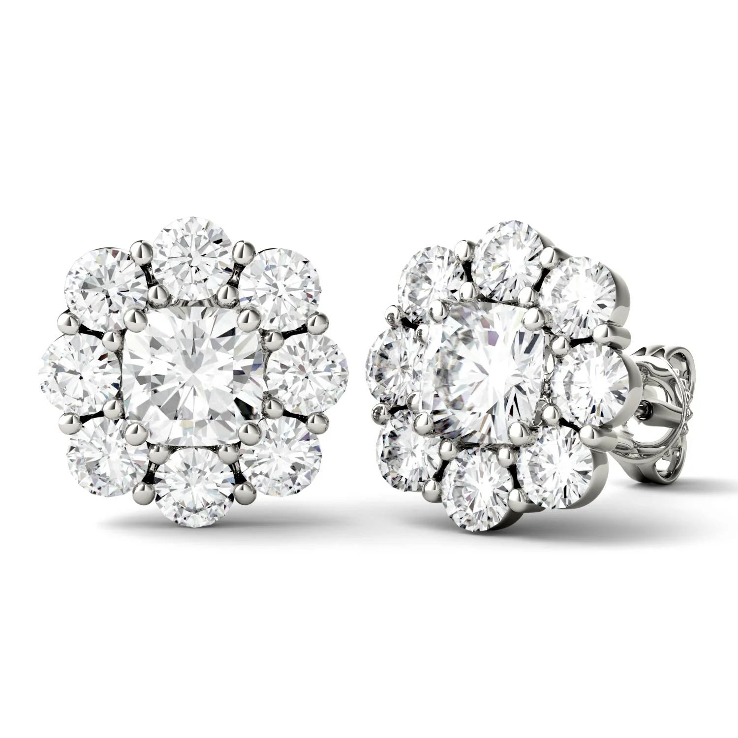 3.20 CTW DEW Cushion Halo Floral Stud in 14K White Gold - Image 3