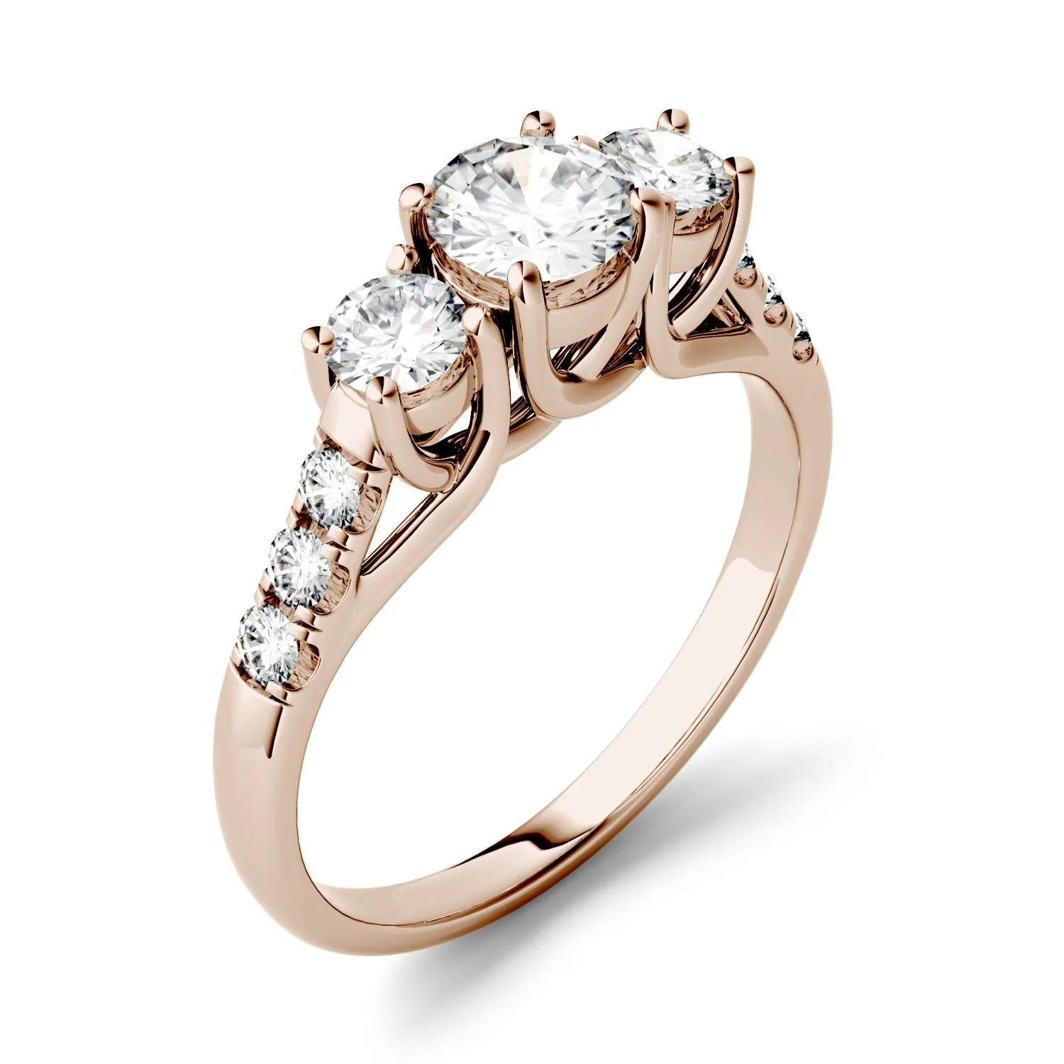 3.31 CTW DEW Round Moissanite Trellis Three Stone Ring in 14K Rose Gold - Image 2