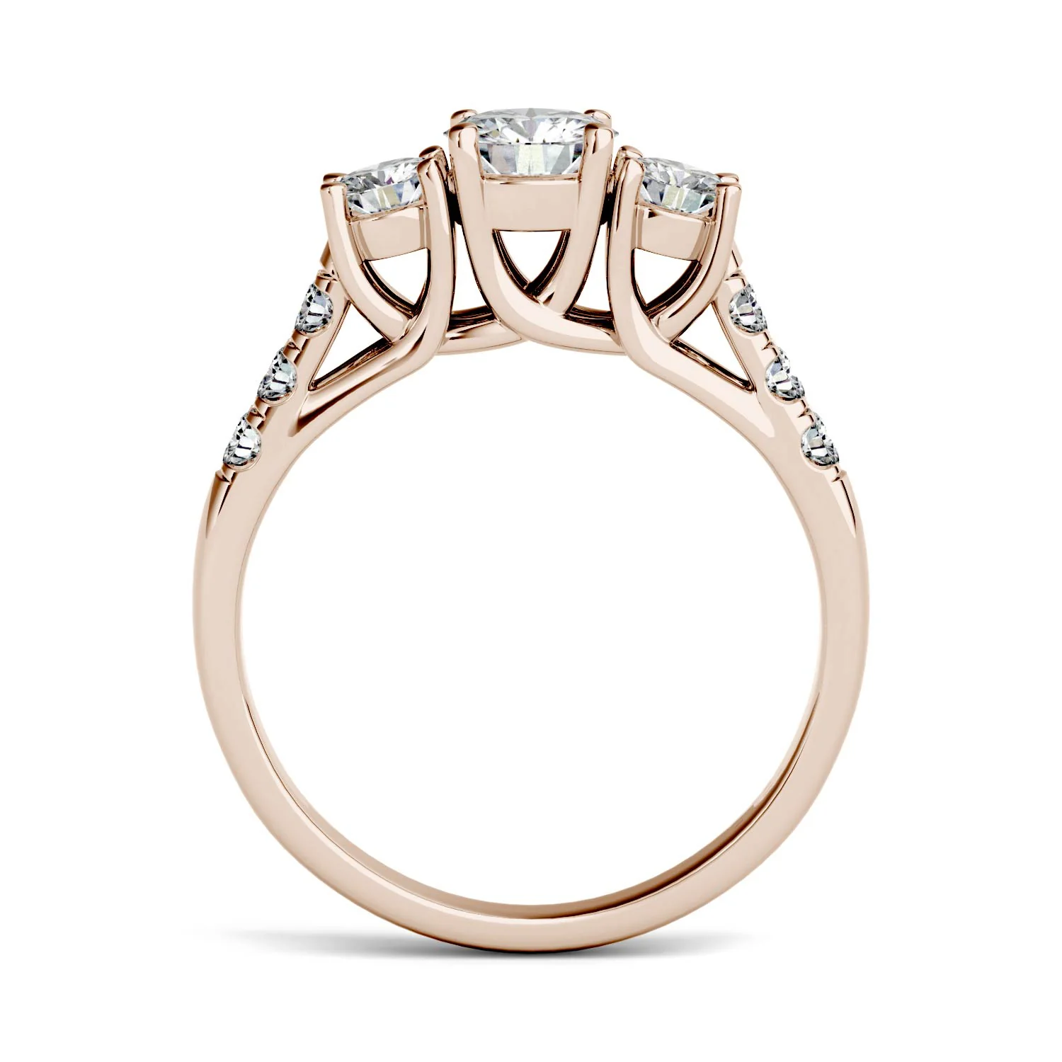3.31 CTW DEW Round Moissanite Trellis Three Stone Ring in 14K Rose Gold - Image 3