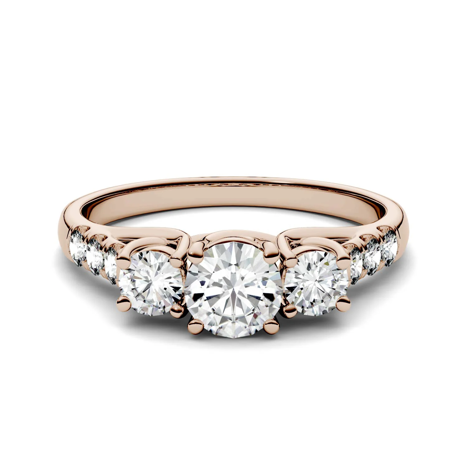 3.31 CTW DEW Round Moissanite Trellis Three Stone Ring in 14K Rose Gold - Image 4