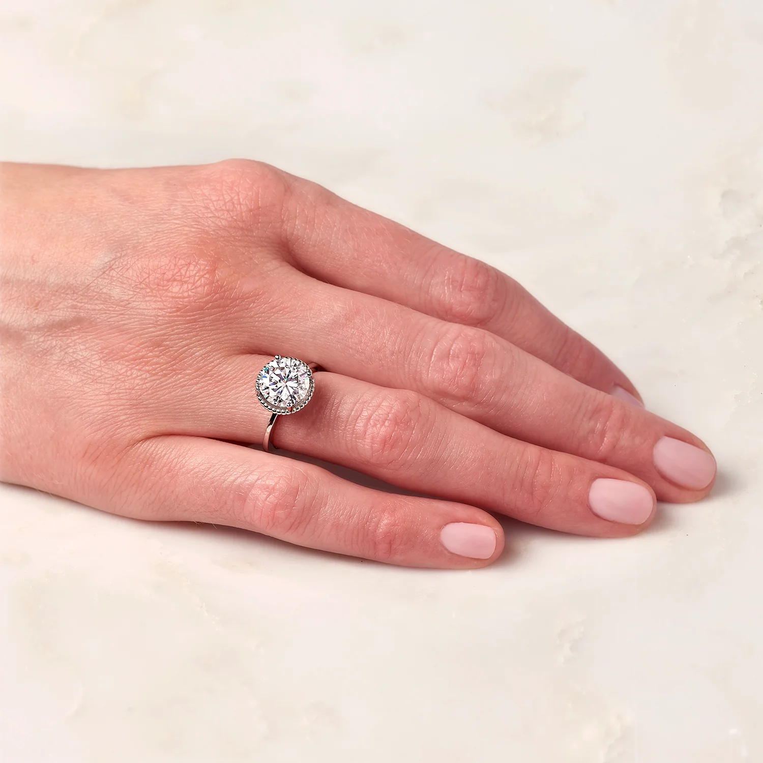 3.60 CTW DEW Round Moissanite Beaded Solitaire Engagement Ring in 14K White Gold - Image 6