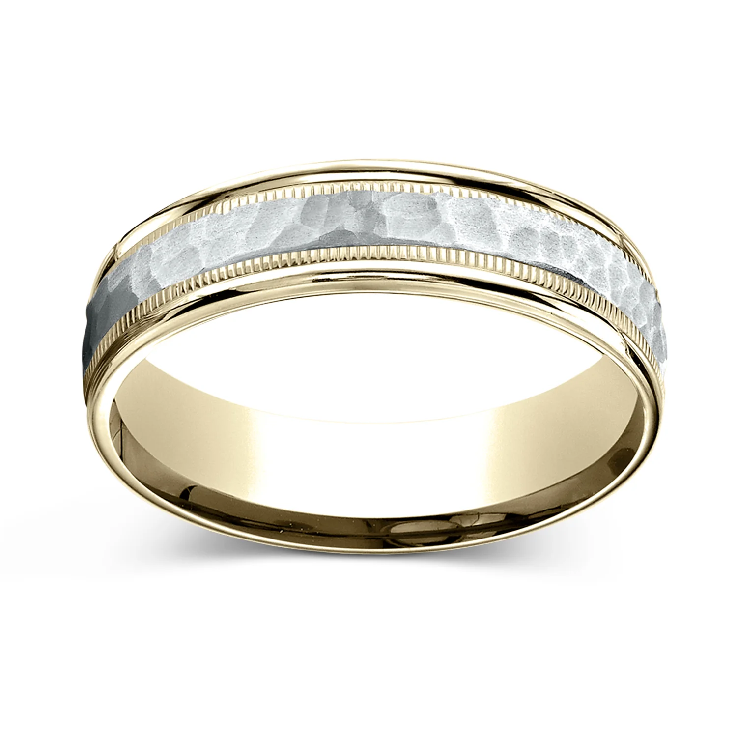 Hammered Center Finish with Milgrain Edges 6.0mm Wedding Band in 14K Two-Tone Gold