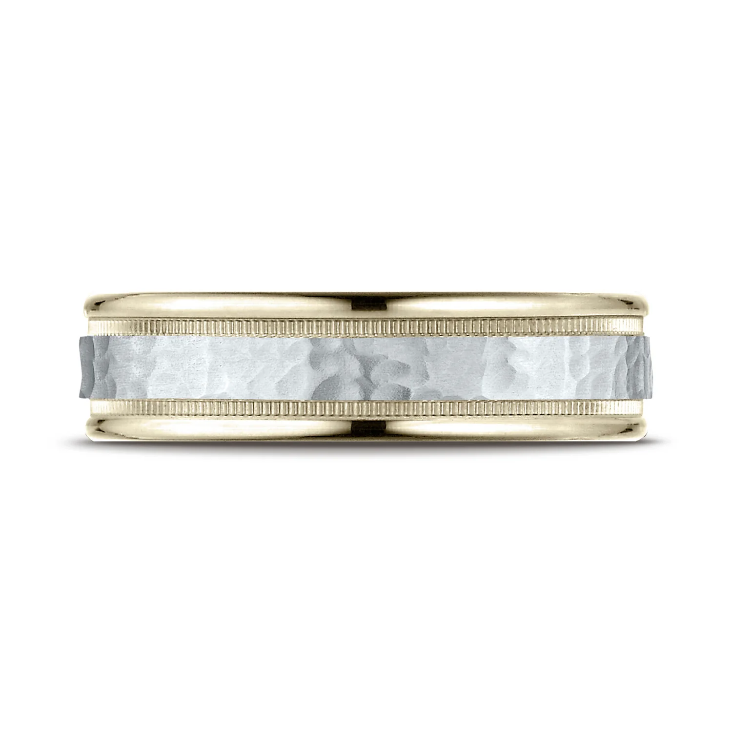 Hammered Center Finish with Milgrain Edges 6.0mm Wedding Band in 14K Two-Tone Gold - Image 2