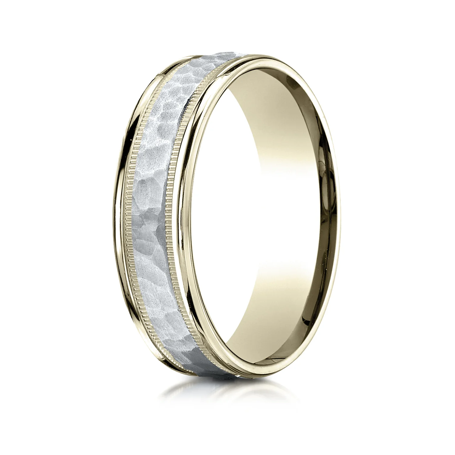 Hammered Center Finish with Milgrain Edges 6.0mm Wedding Band in 14K Two-Tone Gold - Image 3