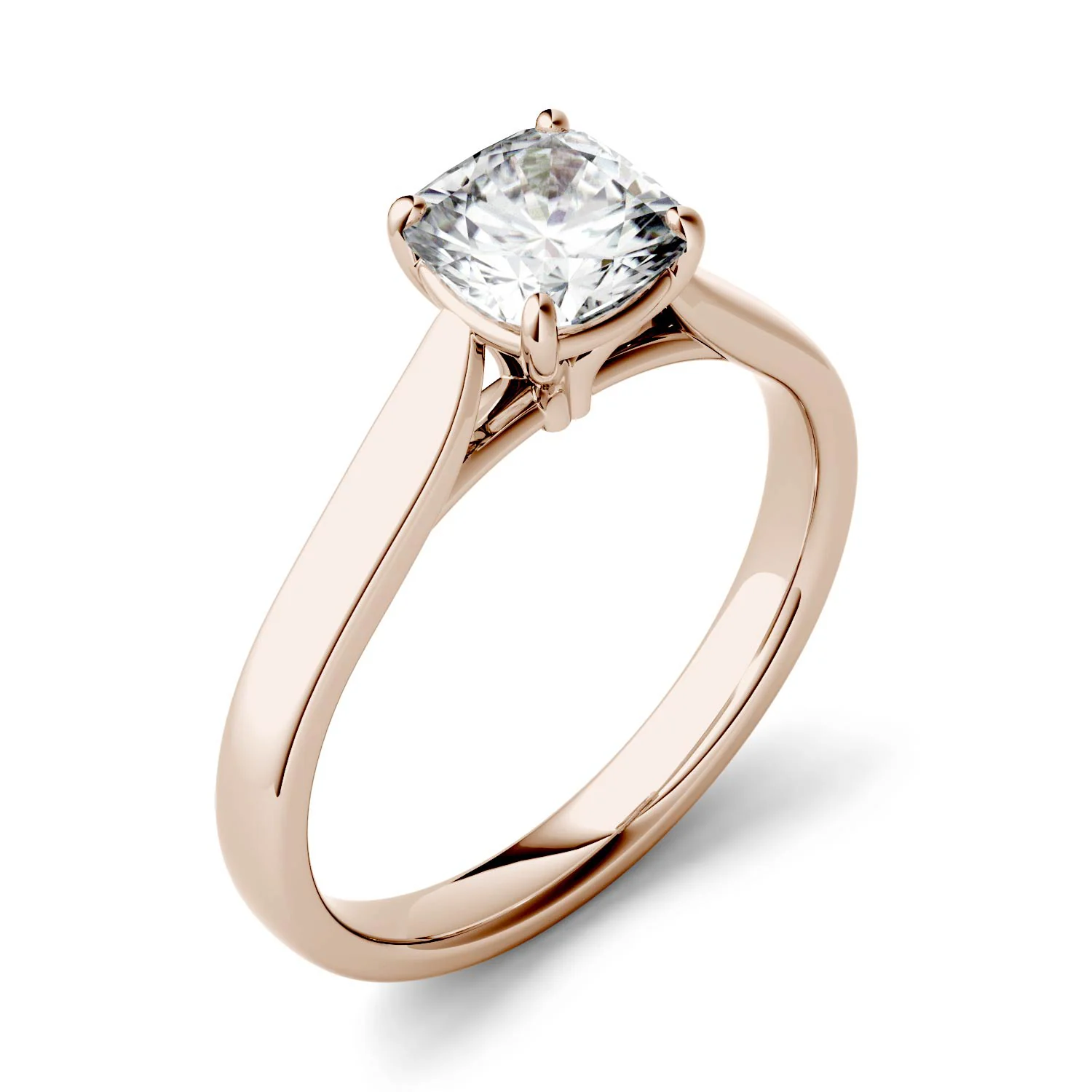 1.10 CTW DEW Cushion Moissanite Cathedral Solitaire Engagement Ring in 14K Rose Gold - Image 2