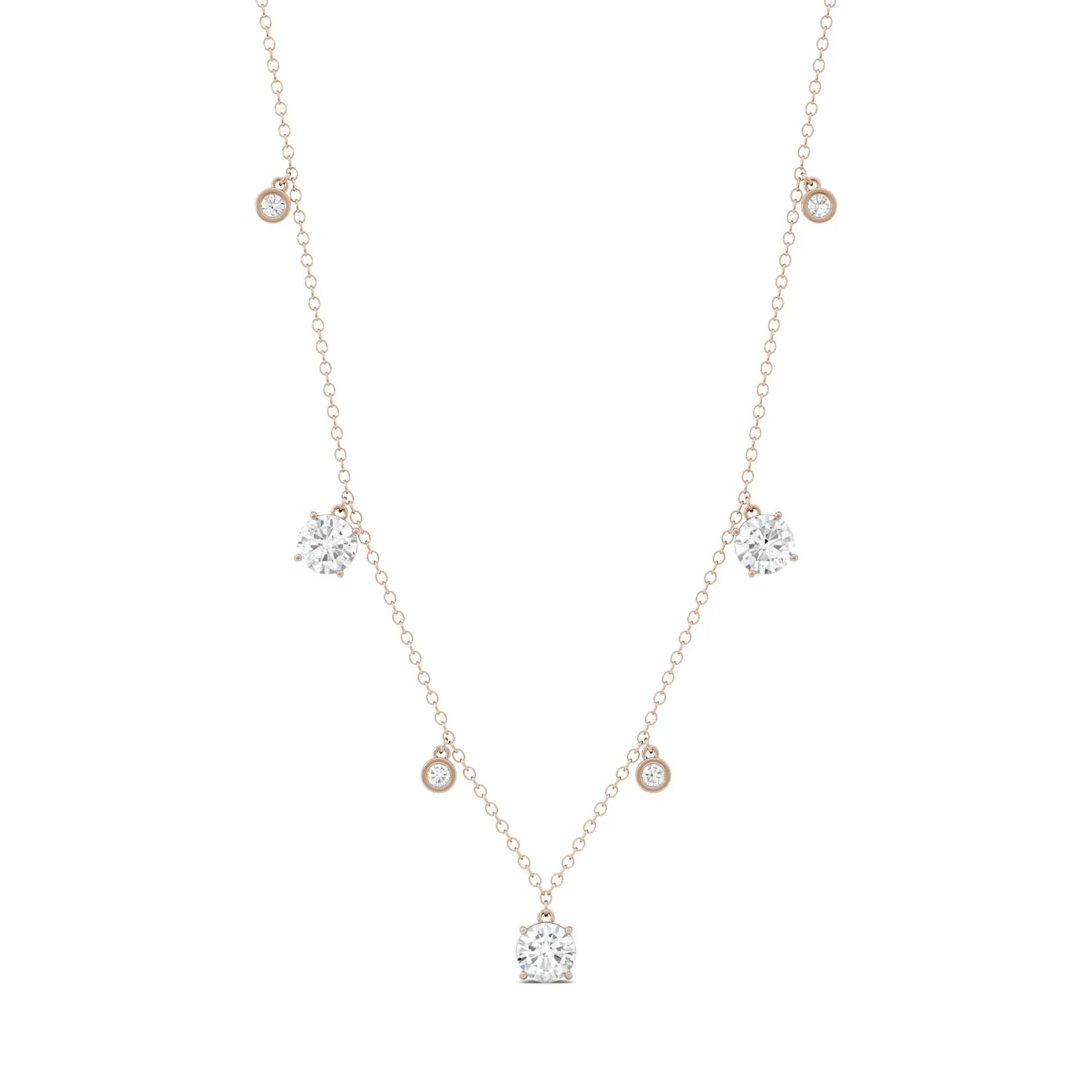 1.08 CTW DEW Round Moissanite Station Drop Necklace in 14K Rose Gold