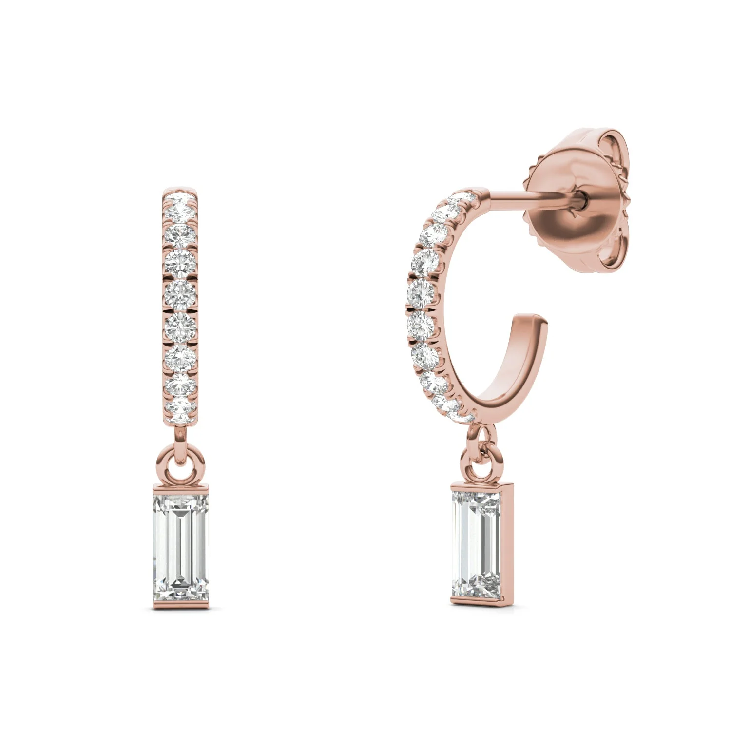 0.37 CTW DEW Straight Baguette Moissanite Huggie Drop Earrings in 14K Rose Gold - Image 3