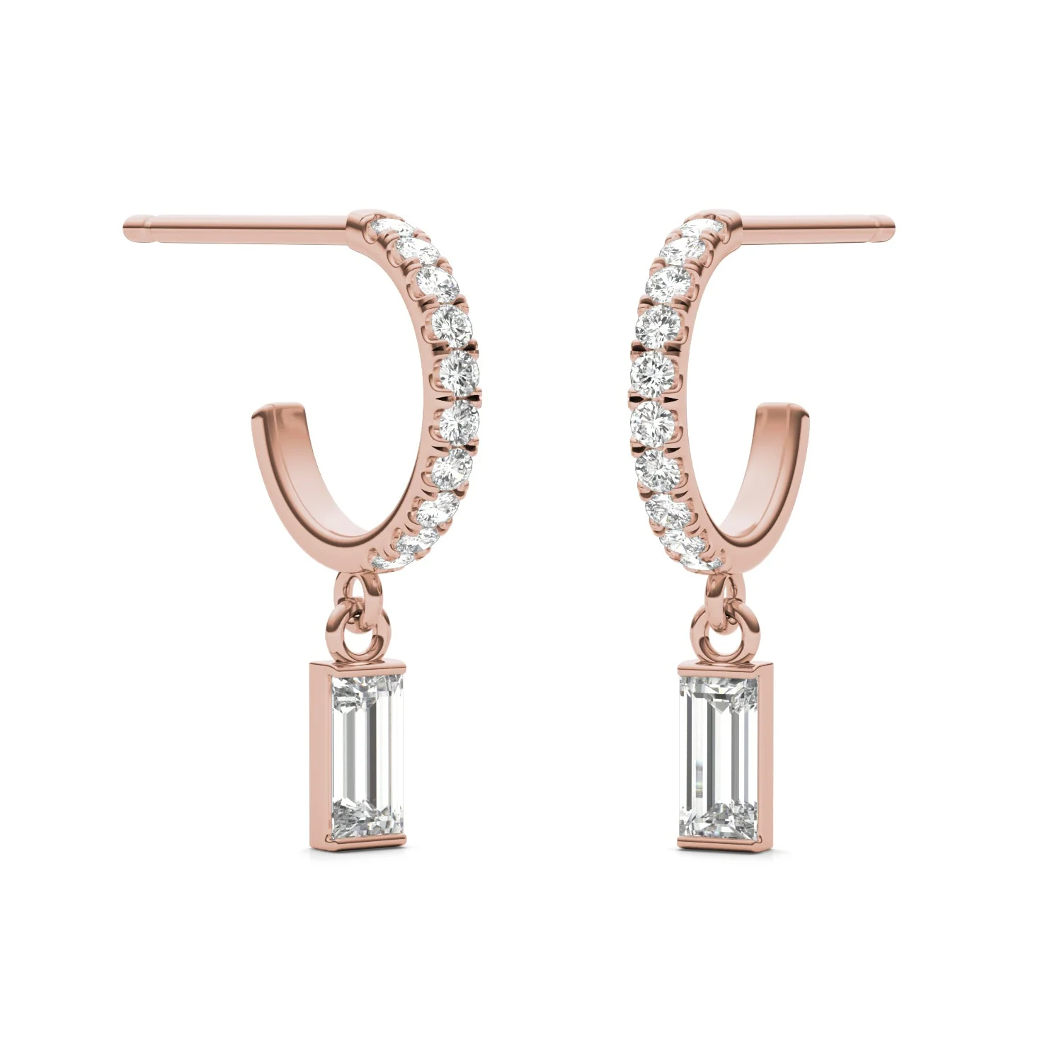 0.37 CTW DEW Straight Baguette Moissanite Huggie Drop Earrings in 14K Rose Gold - Image 4