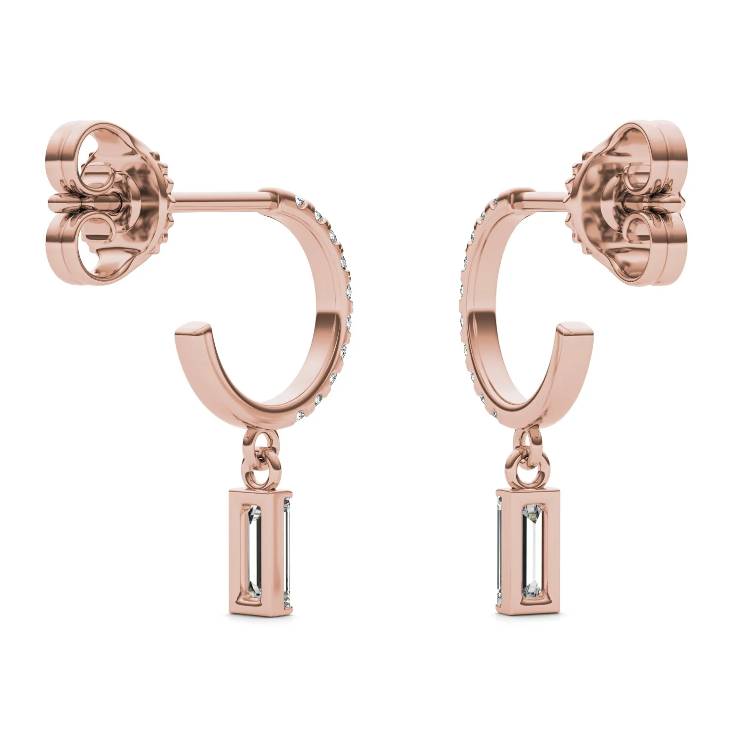 0.37 CTW DEW Straight Baguette Moissanite Huggie Drop Earrings in 14K Rose Gold - Image 5